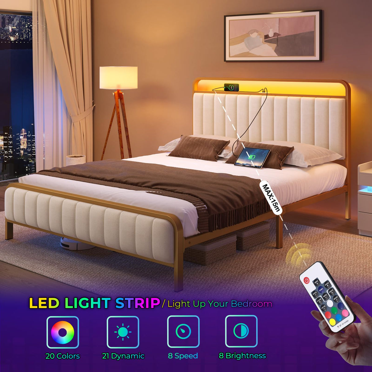 Rolanstar Full Size Bed Frame with LED Light and Charging Station, Upholstered Headboard and Footboard, Metal Slat, Noise Free, Easy Assembly, Golden Rolanstar