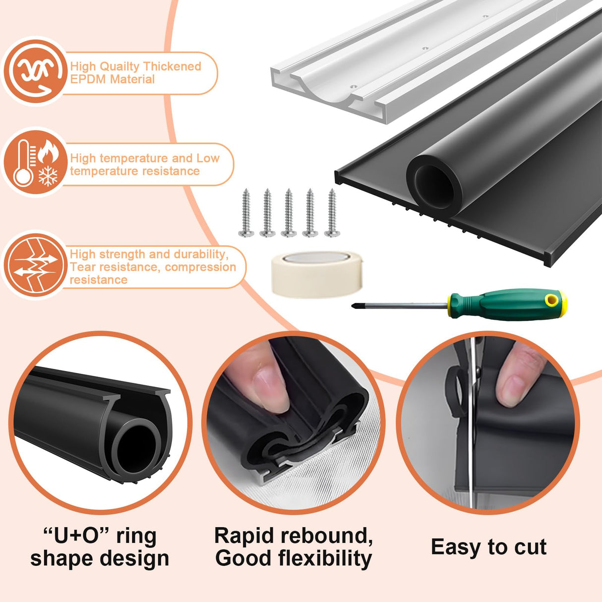 Nayotaa Heavy-Duty U+O Ring Garage Door Seals Bottom Rubber Kit, with Garage Door Pre-Drilled Aluminum Track Retainer Base (10Ft/3m) Nayotaa