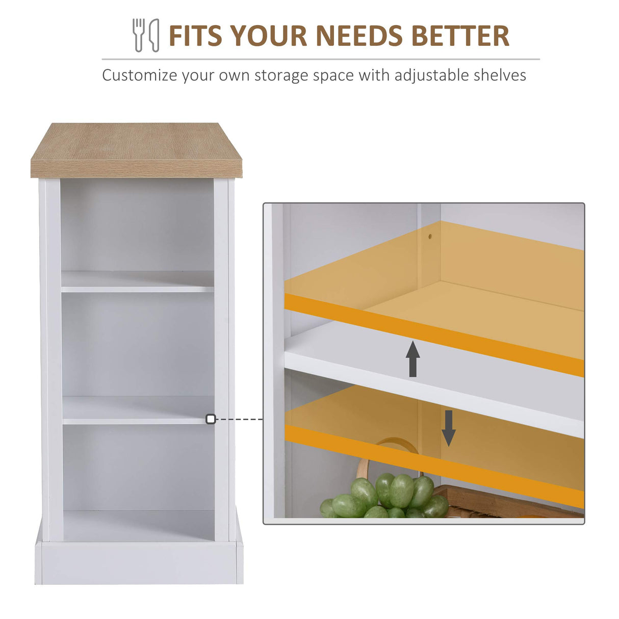 HOMCOM Fluted-Style Wooden Kitchen Island, Storage Cabinet w/Drawer, Open Shelving, and Interior Shelving for Dining Room, White HOMCOM