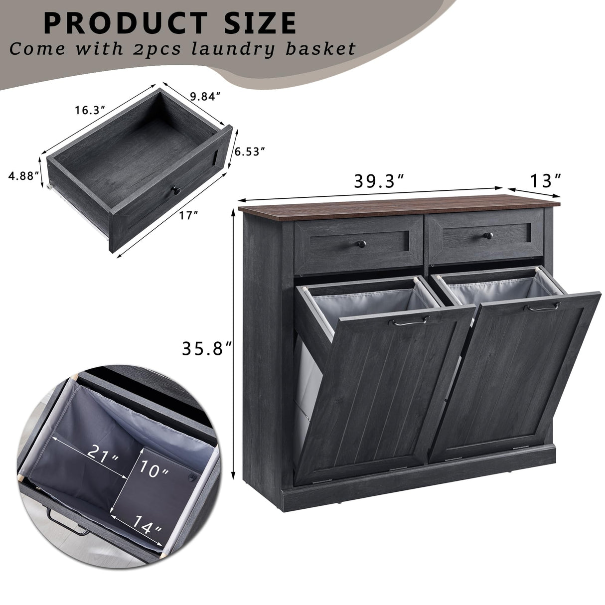 IFGET Double Tilt Out Trash Cabinet, Dog Proof Trash Can Cabinet, Farmhouse Hidden Laundry Hamper Cabinet with Barn Door, 10 Gallon Garbage Can Bin Cabinet with Storage Basket for Kitchen (Dark Grey) IFGET