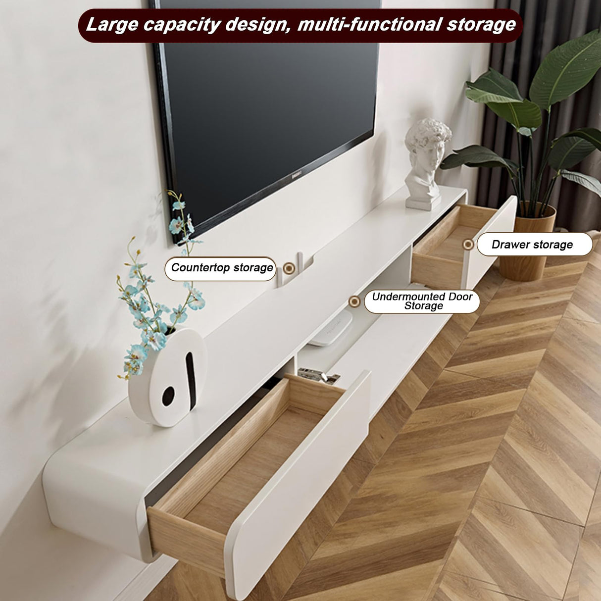 FPIGSHS Wall Mounted Media Console with 2 Drawers Solid Wood Floating TV Stand Hanging TV Shelf Entertainment Center TV Cabinet, for Home Office (B, 160CM/63IN) FPIGSHS