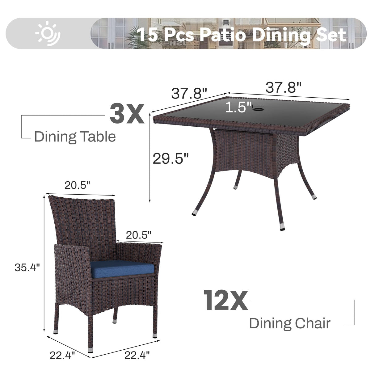 Trumbeak 15 Piece Outdoor Dining Set,Rattan Patio Conversation Set of 12 Chairs,Patio Dining Table and Chairs w/Cushions,Square Glass Tabletop,Umbrella Cutout for Patio,NavyBlue Trumbeak
