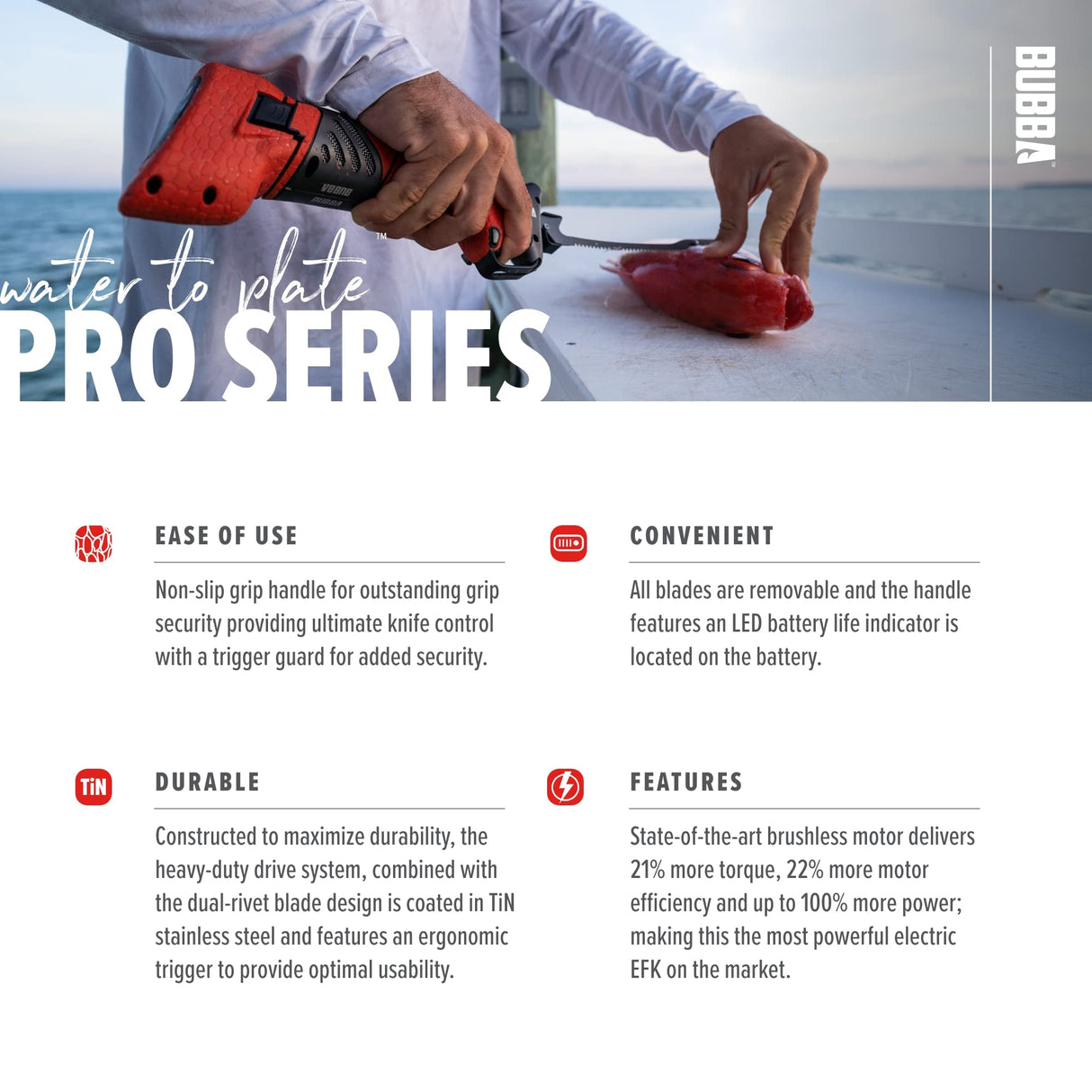 BUBBA Pro Series Lithium-Ion Electric Fillet Knife with Non-Slip Grip Handle, 4 Ti-Nitride S.S. Coated Non-Stick Reciprocating Blades, Charger and Case for Fishing BUBBA