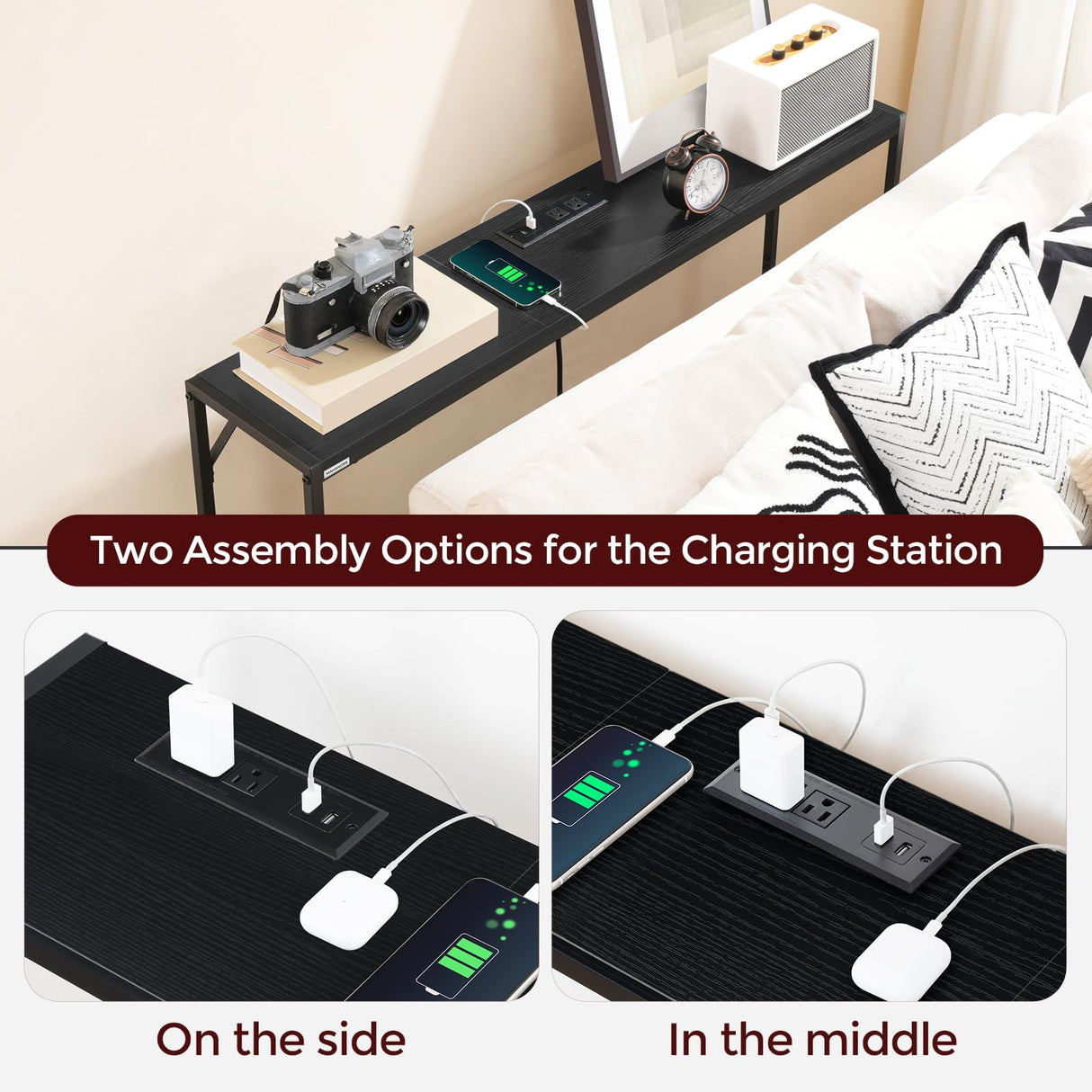 MAHANCRIS Console Table, Narrow Sofa Table, 43.3” Entrance Table with Power Station, Behind Couch Table, Simple Style, for Living Room, Hallway, Entryway, Foyer, Black CTHB112E01 MAHANCRIS
