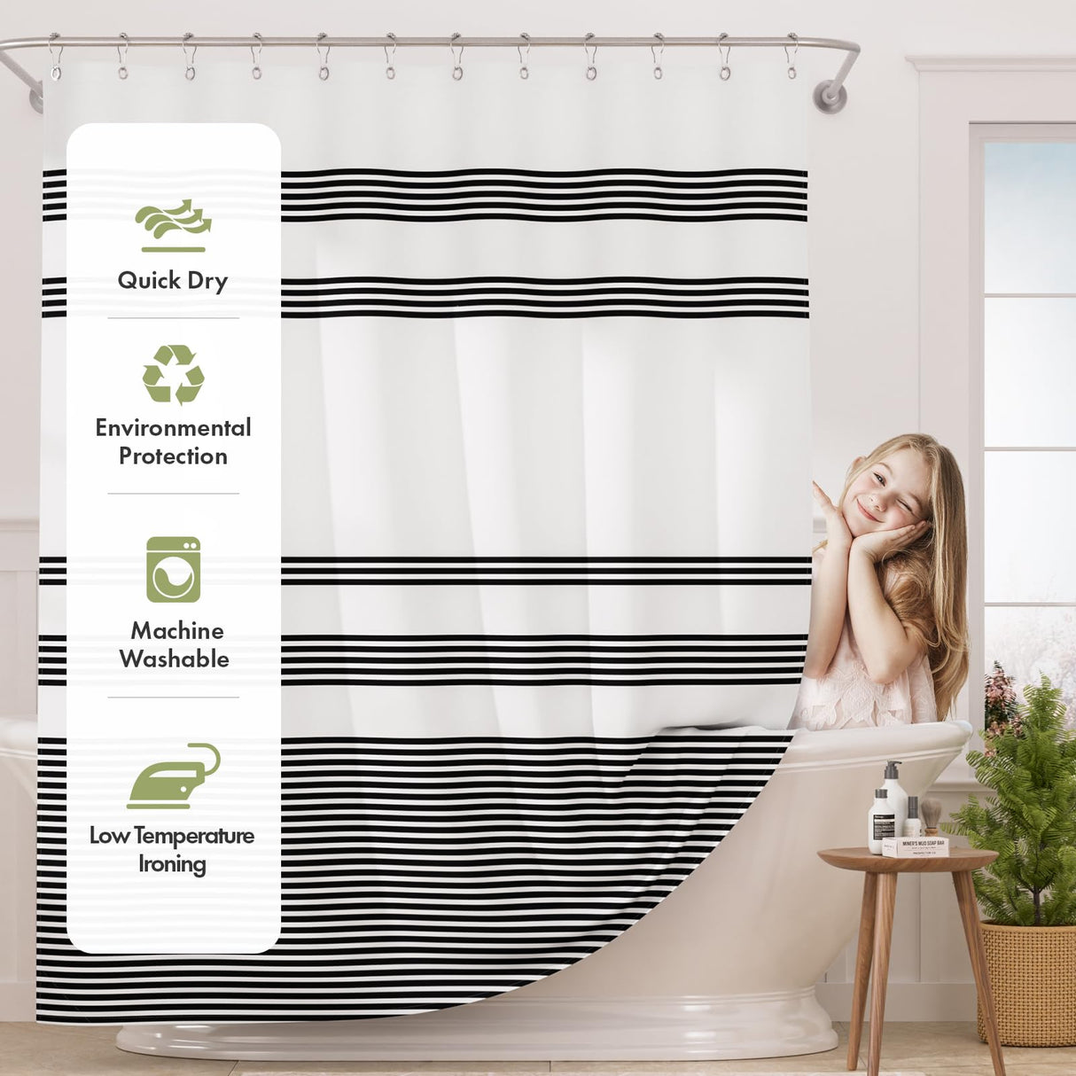 AmazerBath Shower Curtain, Washable Cloth Black Shower Curtain Sets with 12 Shower Curtain Hooks, Fabric Rustic Black and White Striped Shower Curtain, Farmhouse Bathroom Shower Curtain, 72x72 Inches AmazerBath