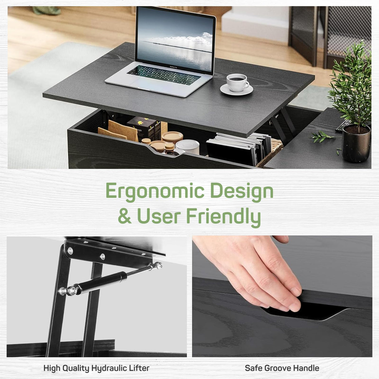 Coffee Table, Lift Top Coffee Tables for Living Room, Small Modern Wooden Center Tables with Storage Shelf and Hidden Compartment Zibbizo