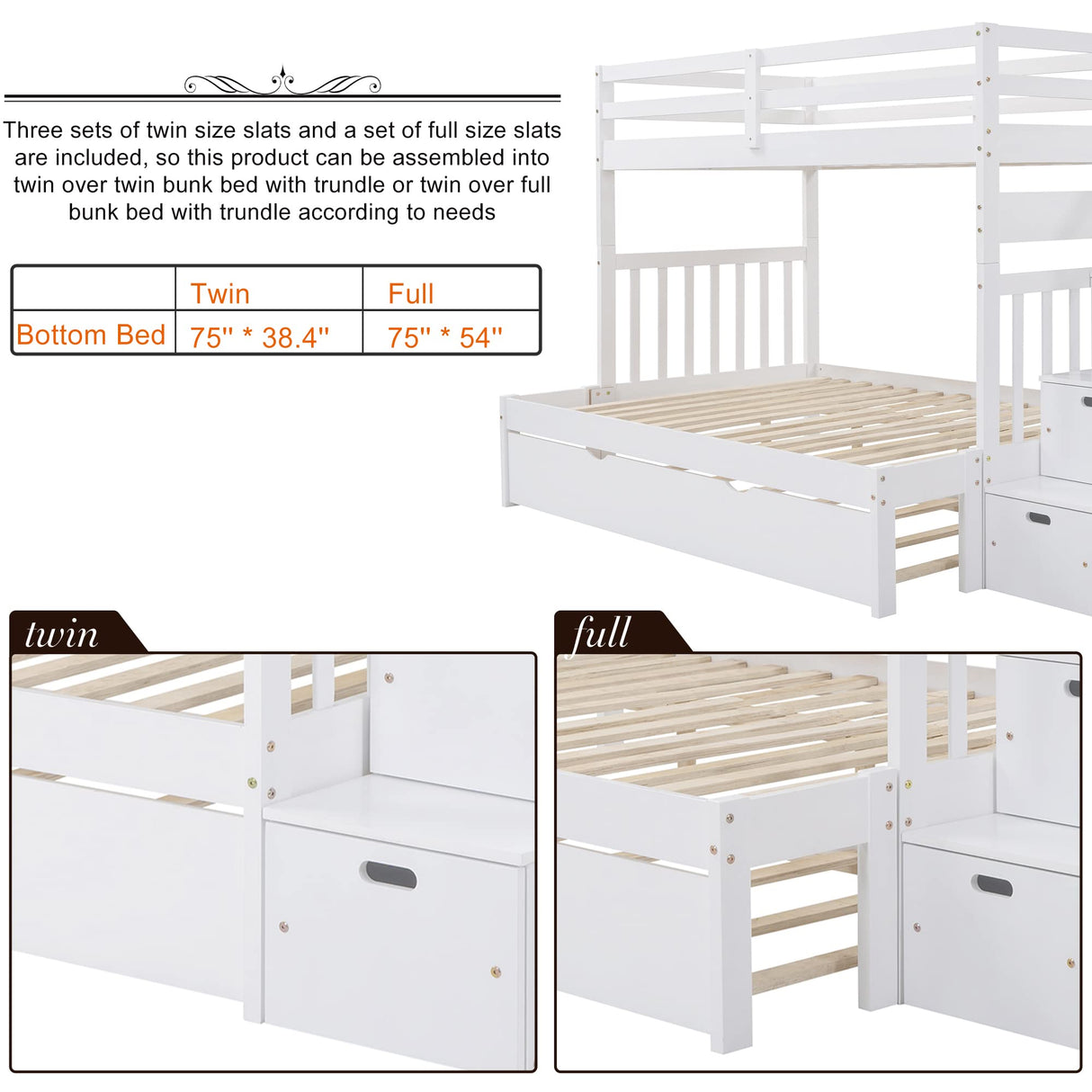 Twin over Full Bunk Bed with Trundle, Wood Bunk Bed with Storage Cabinet and Drawers, Convertible Bunk Beds Twin over Full Size Split into 3 Beds for Kids, Teens, Adults, Noise-reduced, White Harper & Bright Designs