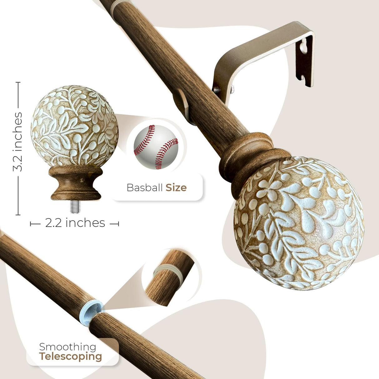 Wood Curtain Rod For Windows 16 to 88 Inch, 1Inch Adjustable Curtain Rod, Brown Wood Grain, Farmhouse Rustic Heavy Duty Curtain Rod WoodArtSupply