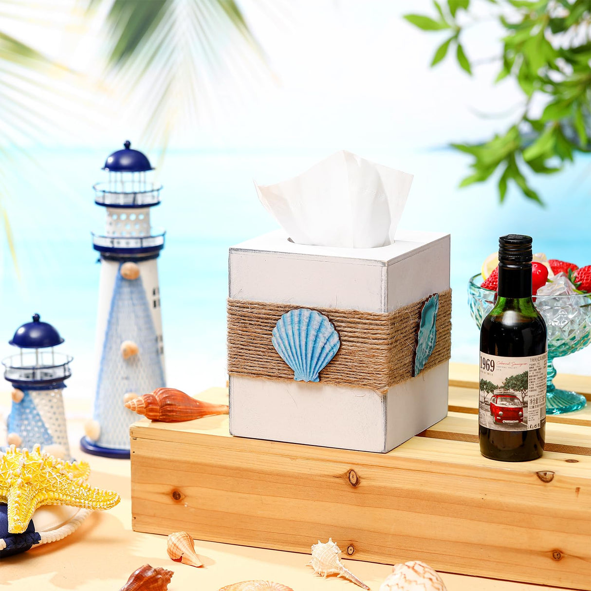 Threehoney Wood Tissue Box Cover Square Beach Farmhouse Bathroom Accessories Conch Starfish White Tissue Box Holder with Slide out Bottom Panel Rustic Beach Room Decor Decorative Coastal Napkin Holder Threehoney