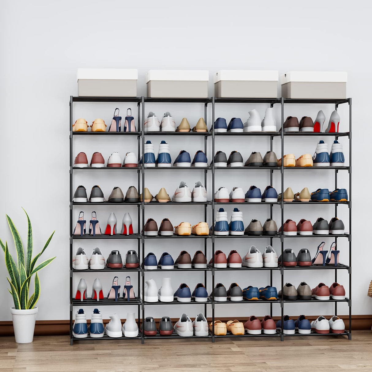 SMILHELTD Metal Shoe Rack Large Capacity 4 Rows 8 Tier 56-64 Pairs Shoes Boots Storage Organizer SMILHELTD