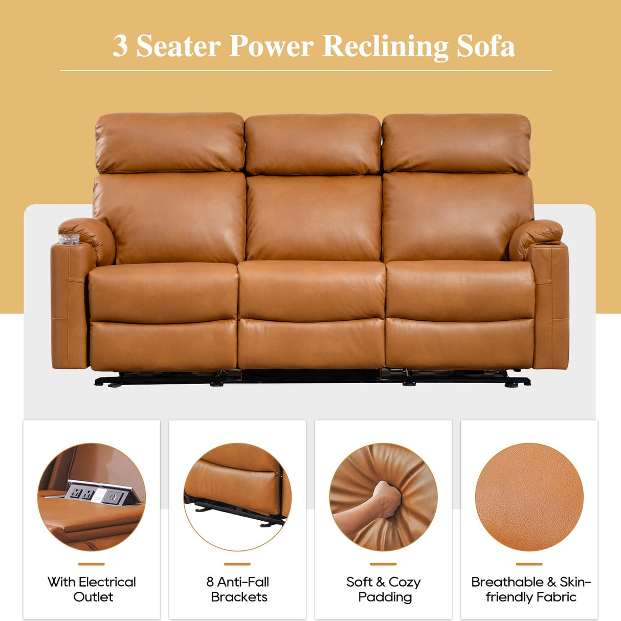 B BAIJIAWEI Power Reclining Sofa - 3 Seater Recliner Sofás, PU Leather Recliner Sofa, Home Theater Seating with Flipped Middle Backrest, Power Recliner Couch for Living Room(Brown) B BAIJIAWEI
