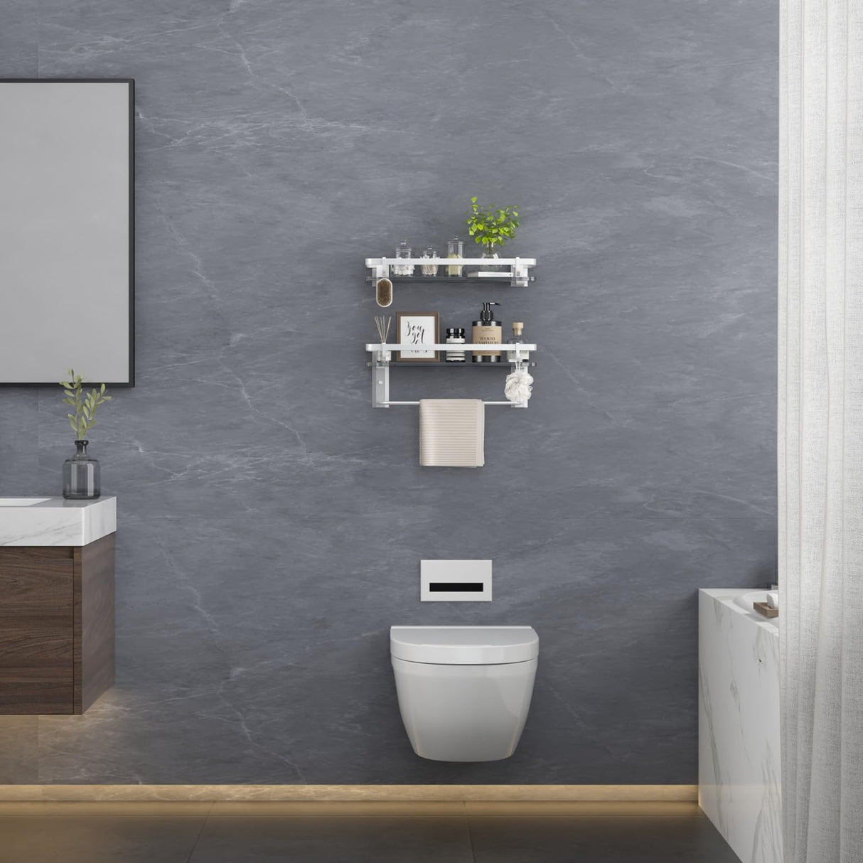 VOLPONE Glass Shelf for Bathroom 15.7 in Bathroom Shelves with Towel Bar Tempered Glass Shelves with 4 Removable Hooks for Wall(2 Tier) VOLPONE