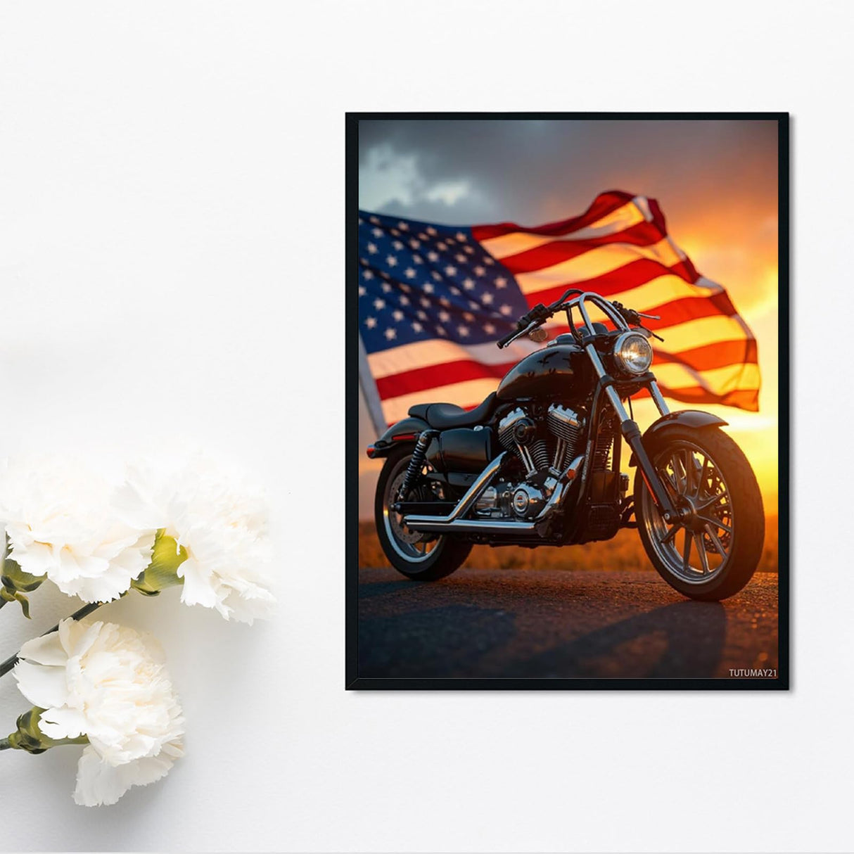 TUTUMAY21 Diamond Art Kits for Adults Motorcycle American Flag Sunset Diamond Painting Kits for Adults Beginner, Frameless Diamond Painting Kit for Home Wall Decor 12x16inch TUTUMAY21