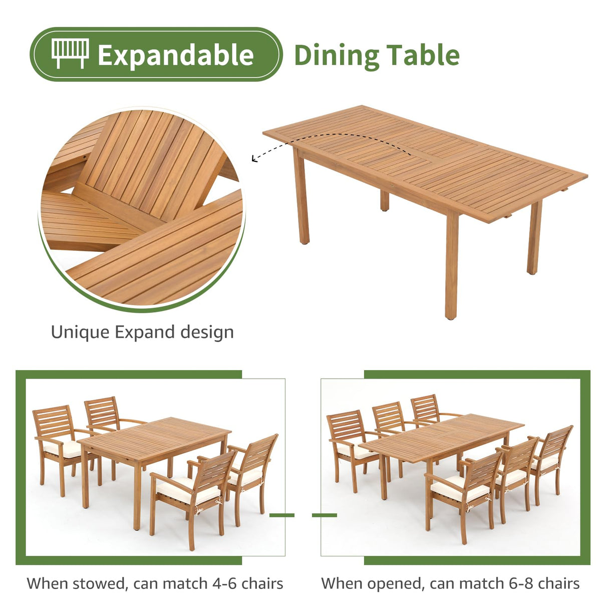 OC Orange-Casual 7 Piece Patio Dining Set, Outdoor Acacia Wood Furniture Set, Extendable Rectangular Table and 6 Stackable Chairs w/Removeable Fabric Cushion, White Cushion OC Orange-Casual