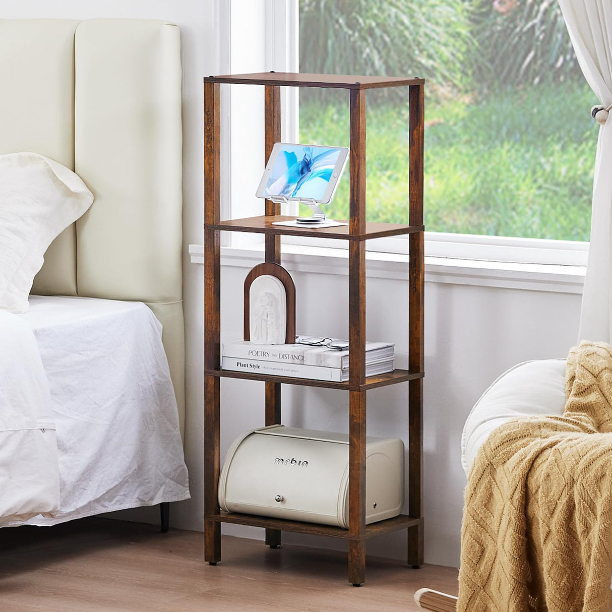 YUFAM 4 Tier Tall Wooden Bookshelf with Storage - Small Bookcase for Small Spaces, Small Shelf for Living Room, Office, Bedroom, Kitchen - Industrial Retro Brown Book Shelf YUFAM