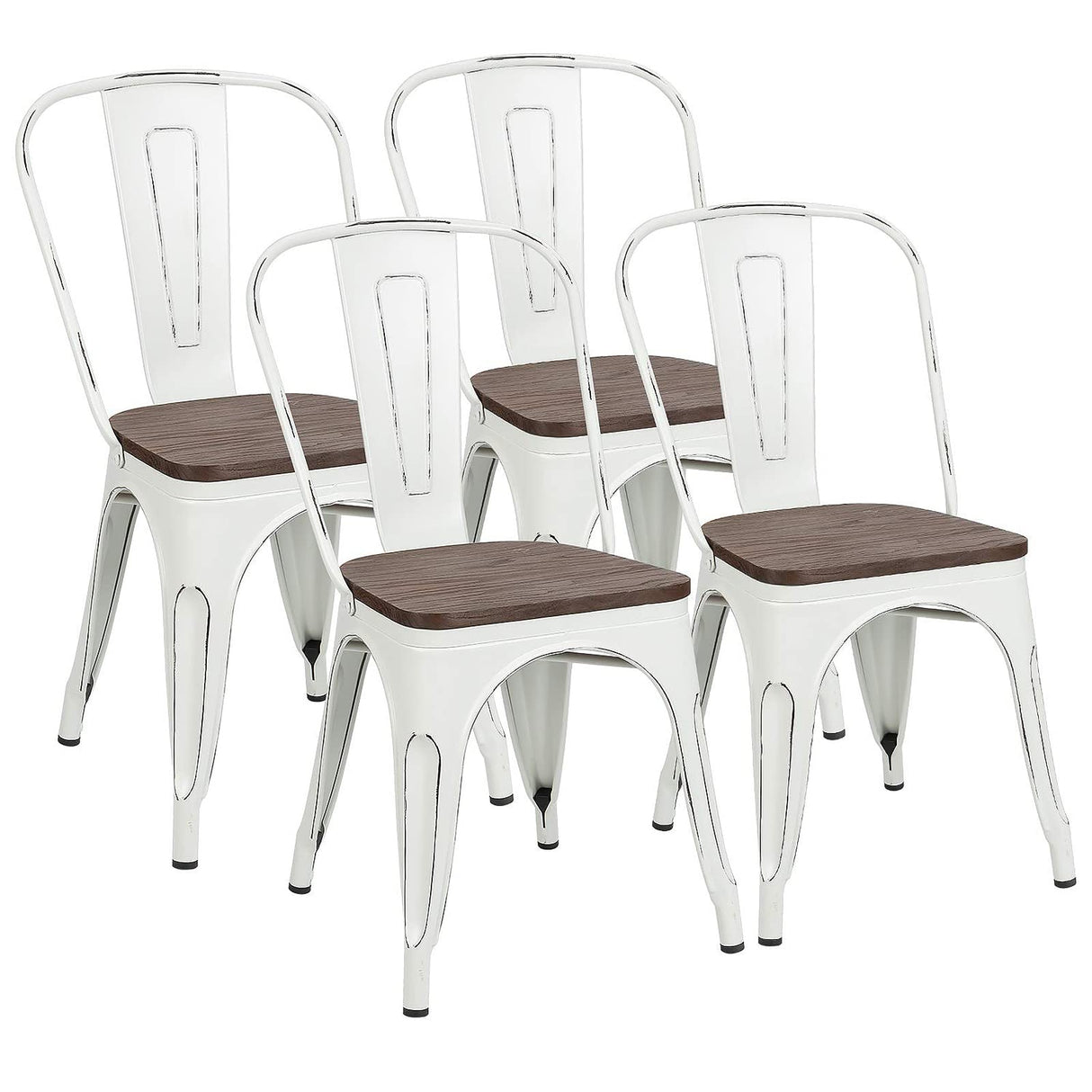 Furniwell Metal Dining Chairs with Wood Seat, Indoor Outdoor Use Stackable Tolix Industrial Metal Chairs Set of 4 for Kitchen, Dining Room, Bistro and Cafe (White) Furniwell