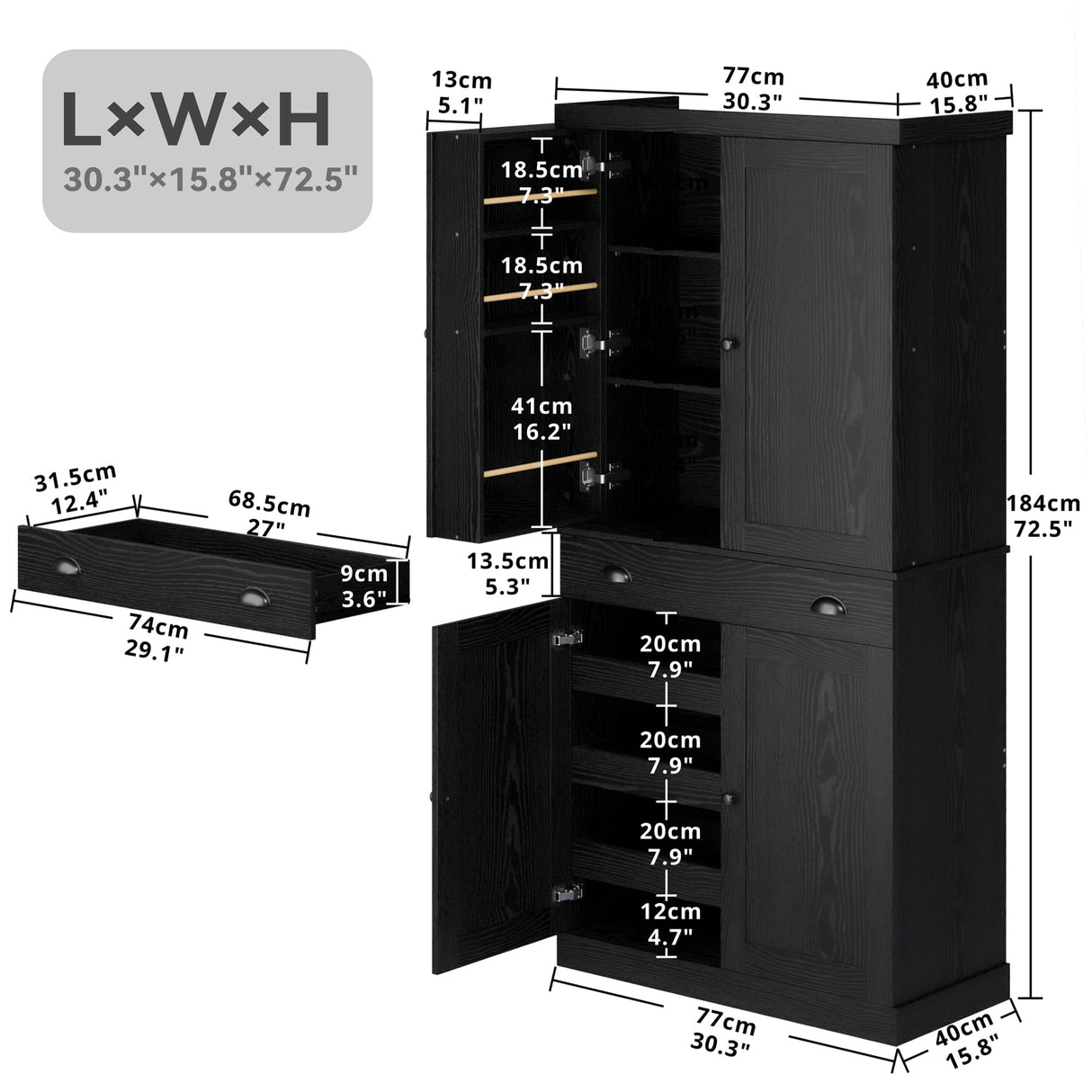 IRONCK Kitchen Pantry Cabinet 72" Height, Freestanding Cupboard with Drawer, Sliding Storage Rack, and 6 Hanging Shelves for Dining Room, Laundry, Living Room, Black IRONCK