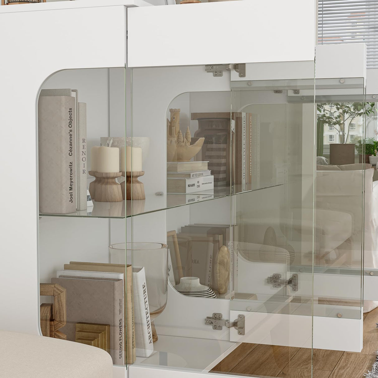 Homsee Storage Cabinet with 3-Color LED Lights, Glass Shelves & 4 Compartments, Sideboard Buffet Cabinet with Solid Legs, Modern Wood Display Cabinet for Living Room, Bedroom & Hallway, White Homsee