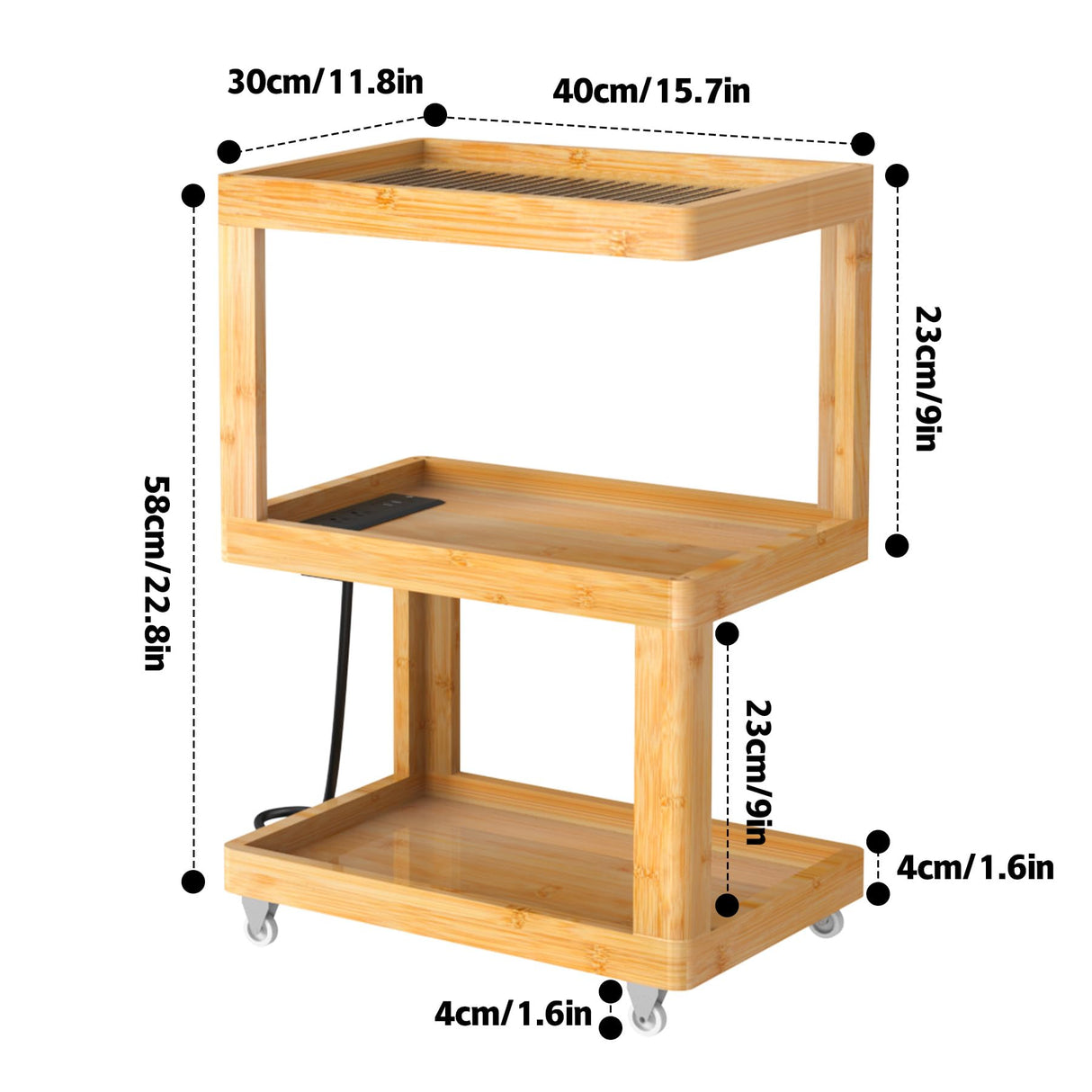 Bamboo Bed Side Table with Charging Station, Modern Boho Bedroom Nightstand with Tempered Glass Top, S Shape 3 Tier End Table Sofa Side Table with Wheels for Living Room, Bedroom, Easy Assembly DOKYW
