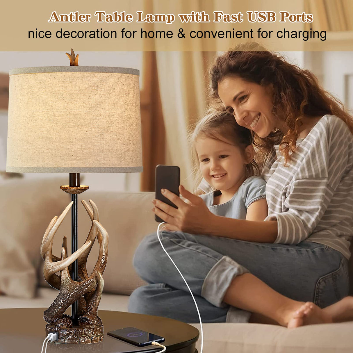 HUITICO Rustic Farmhouse Table Lamp for Living Room End Table Deer Antler Lamps with USB Ports 28" Tall Western Lamps for Bedroom Cabin Country Lamps for Nightstand, Single, Bulb Not Included HUITICO