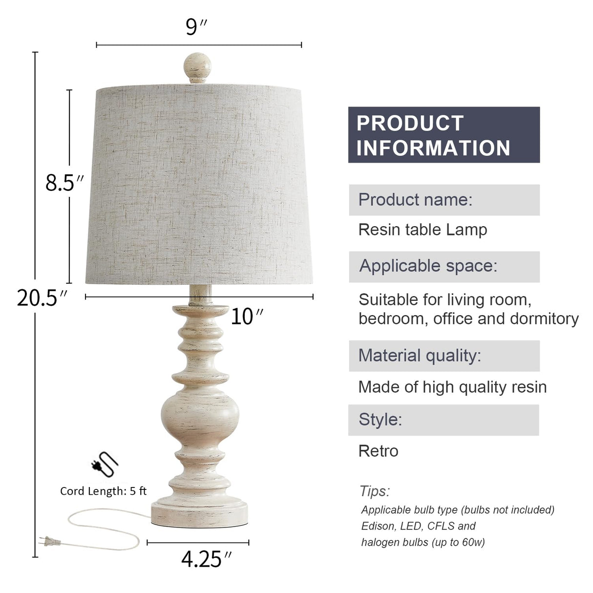 BOBOMOMO Resin 20.5" Farmhouse Lamps for Bedrooms Retro Side Table Lamps Bedside Lamp for Side Nightstand Living Room(Old-White) BOBOMOMO