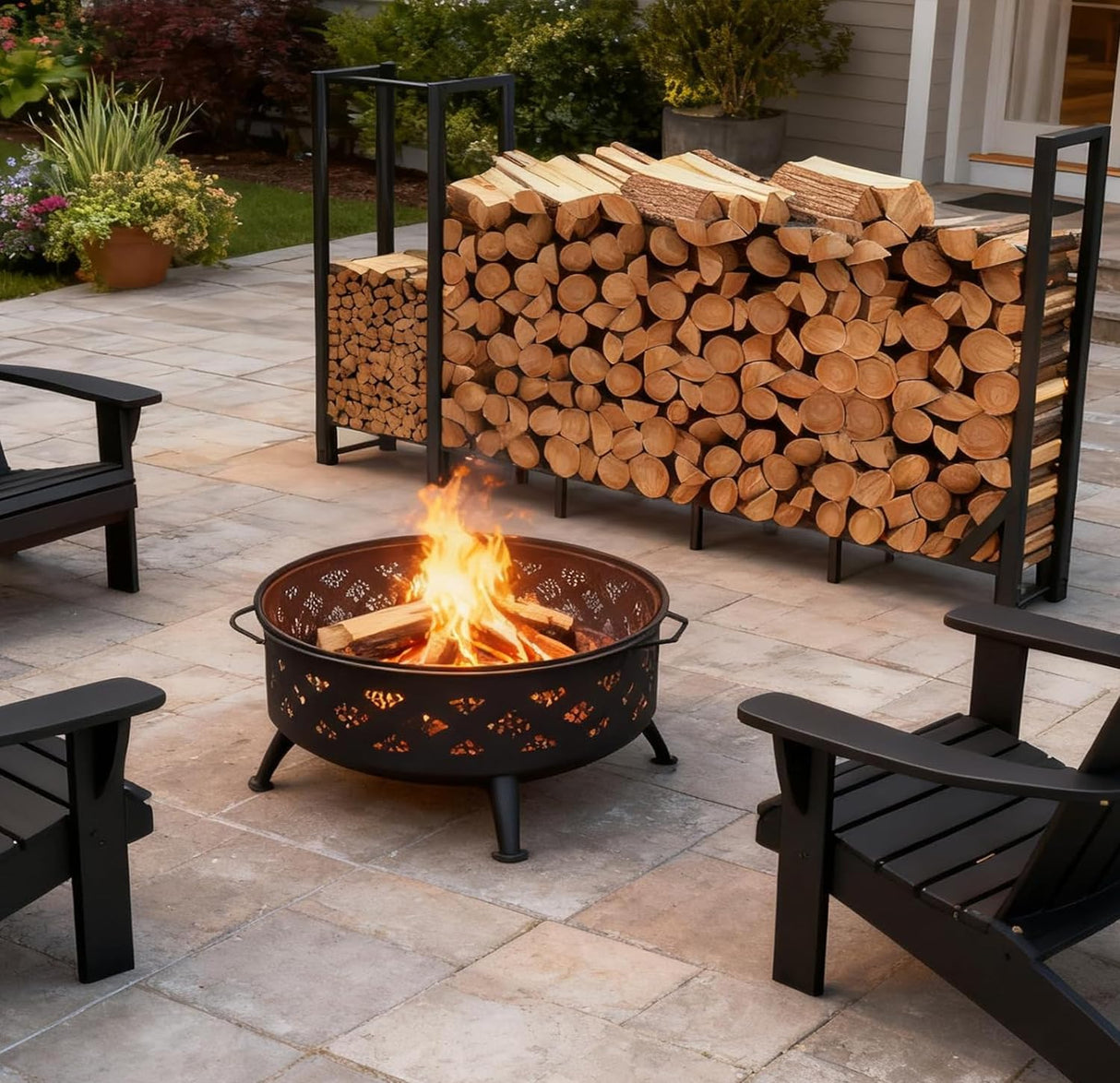 Shomextol 8ft Large Firewood Rack Outdoor, Heavy Duty Metal Wood Rack with Kindling Storage - For Indoor & Outdoor Fireplace, Wood Pile Organizer,Black Shomextol
