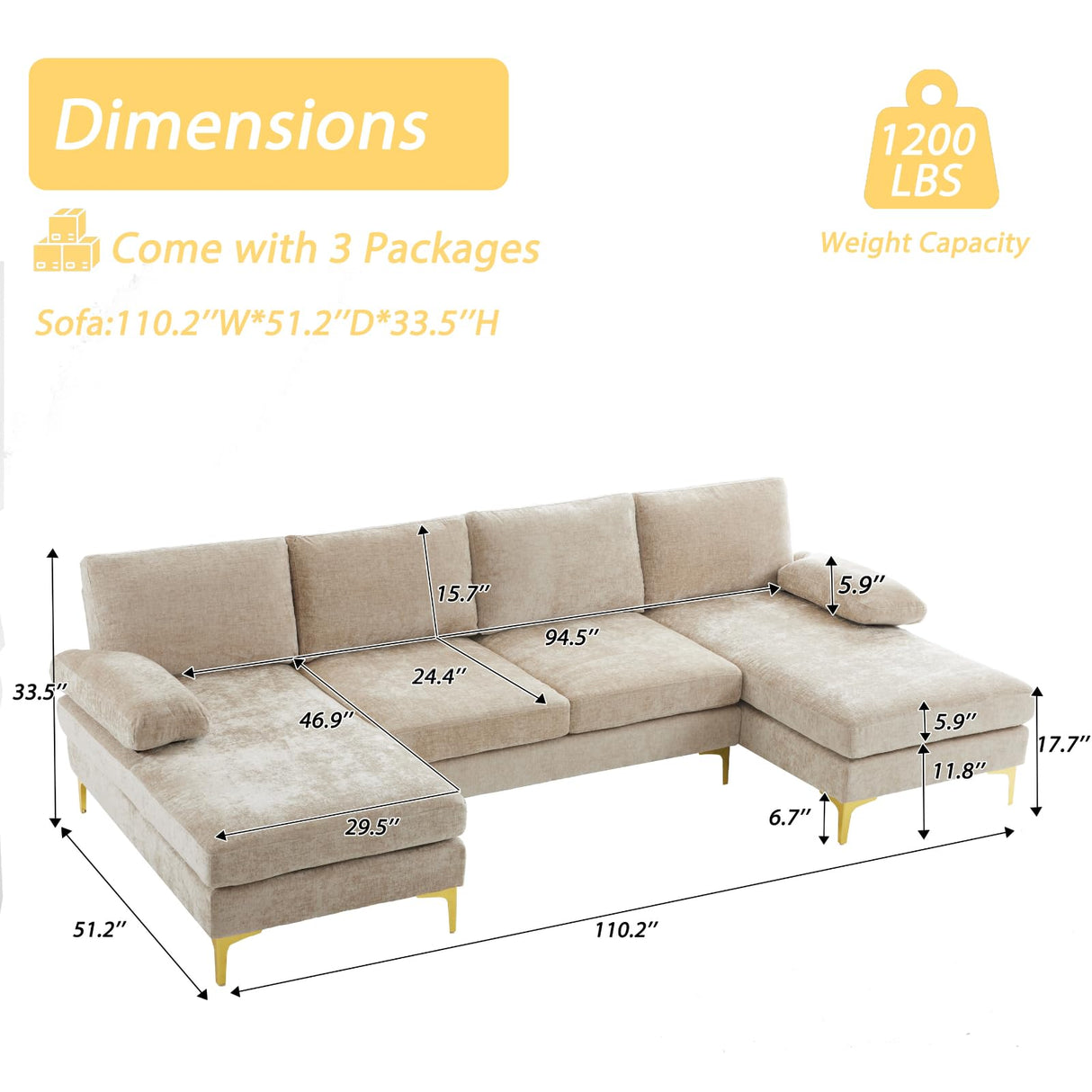 Karl home Convertible Sectional Sofa 110" U-Shape Sofa Couch 4-Seat Couch with Chaise ChenilleFabric Upholstered for Living Room, Apartment, Office, Camel Karl home