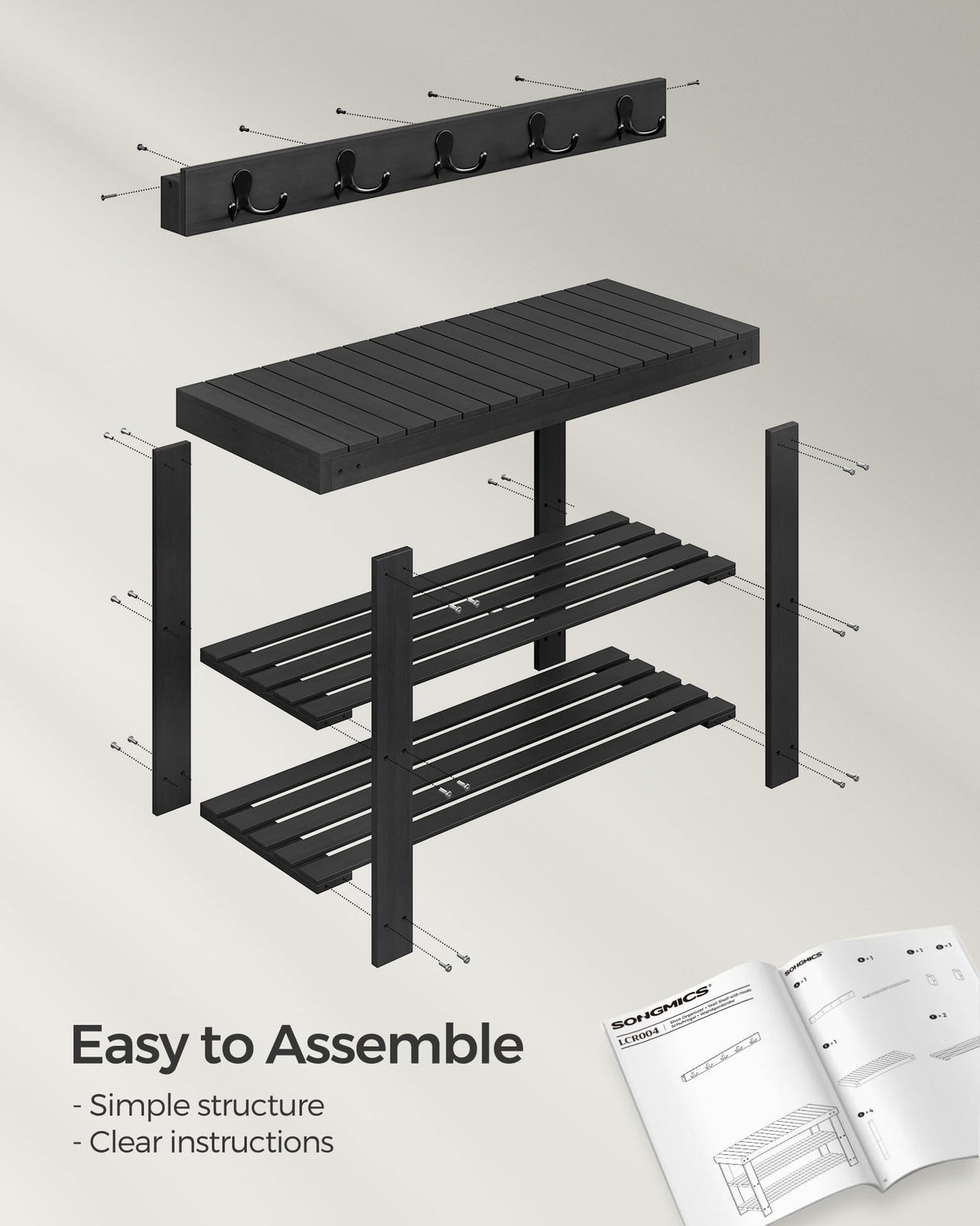 SONGMICS Coat Rack Shoe Bench Set, 3-Tier Bamboo Shoe Rack Bench, Multifunctional, 5 Double Metal Hooks, for Entryway, Hallway, Bedroom, Ink Black ULCR004B01V1 SONGMICS