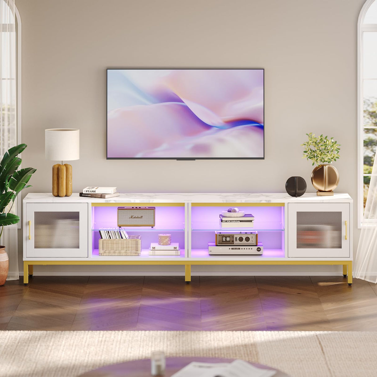 Bestier 80 inch TV Stand for TVs Up to 85", 4 in 1 Entertainment Center with LED Lights, Modern Media Console Table with Storage Cabinet & Adjustable Shelves, for Living Room Bedroom, White Marble Bestier