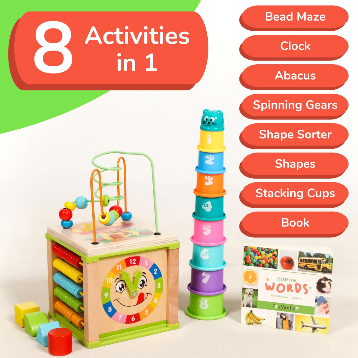 TOYVENTIVE Wooden Activity Cube, Montessori Toys for 1+ Year Old Girl, Multipurpose Educational Sensory Toy for Baby, Toddler, Kid | First Birthday Gift | Bonus First Words Book TOYVENTIVE