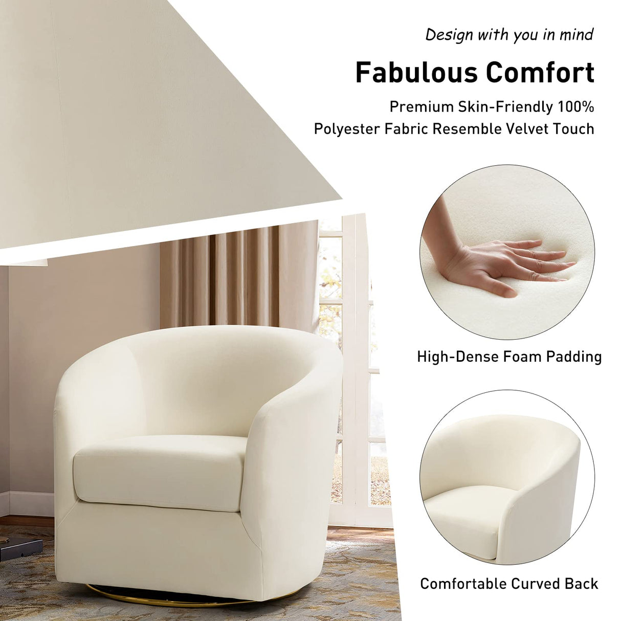 HULALA Home Swivel Accent Chair with Gold Metal Base, Contemporary Velvet Curved Swivel Barrel Chair, Upholstered Club Armchair, Leisure Single Sofa for Living Room, Nursery, Bedroom(Ivory) HULALA HOME
