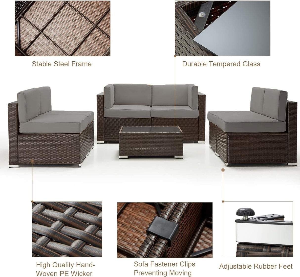 U-MAX 7 Piece Outdoor Patio Furniture Set, PE Rattan Outdoor Brown Wicker Furniture, Outdoor Sectional Furniture Chair Set with Cushions and Tea Table, Brown Rattan and Dark Grey Cushion U-MAX