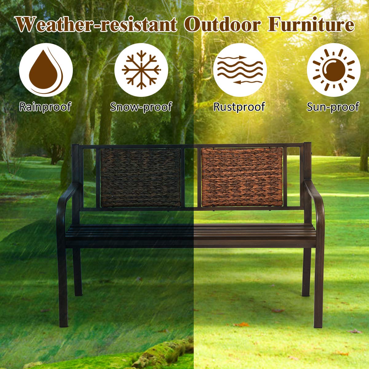 S AFSTAR Outdoor Garden Bench, Brown, Iron, Metal, Polyethylene, Rattan, 50.5 in Width, 2 Adults S AFSTAR