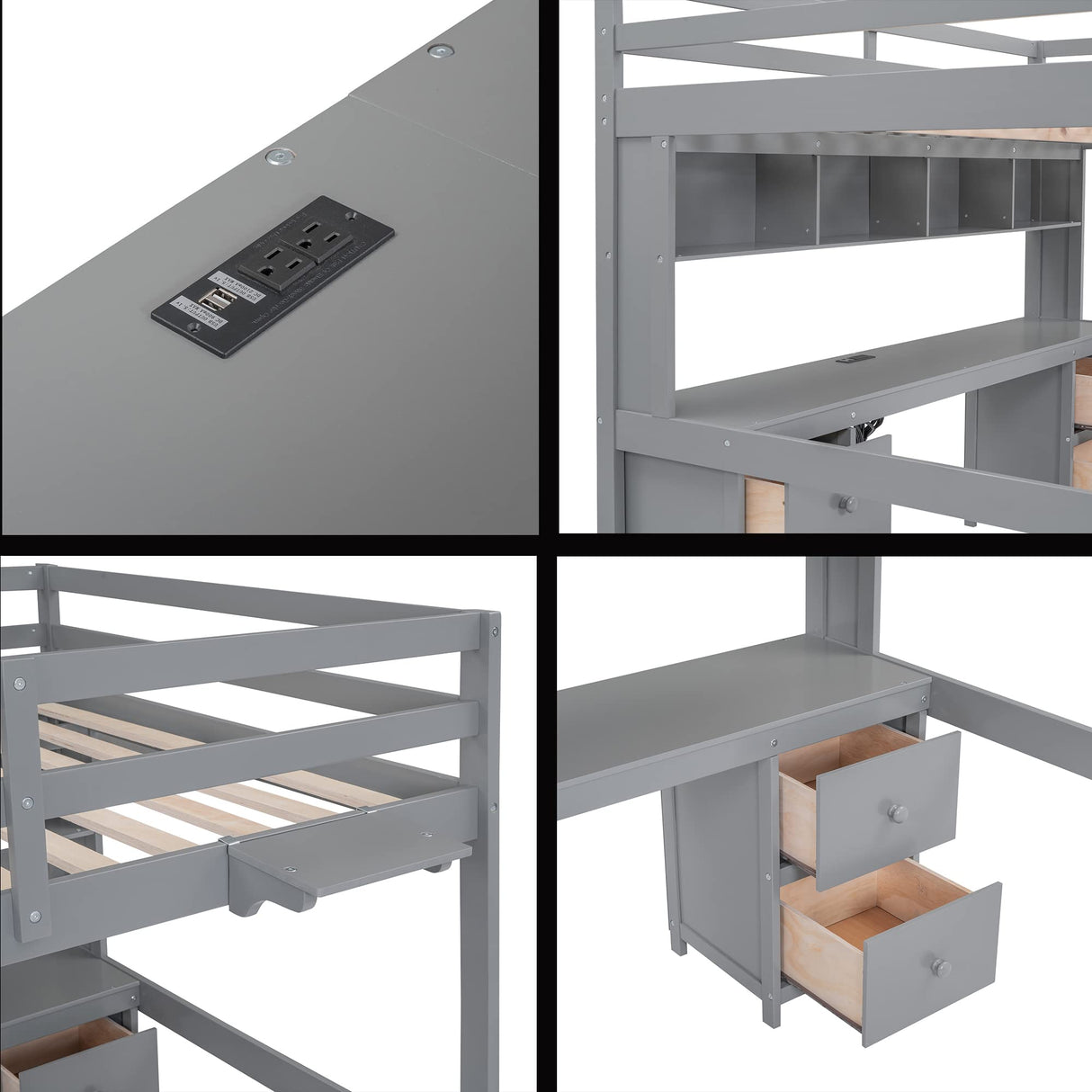 Full Loft Bed with Desk, 4 Drawers and 4 Shelves, Wood Full Size Loft Beds Frame with Storage and Charging Station, Kids Loft Beds with 2 Outlets & 2 USB Port, No Box Spring Needed (Gray) Harper & Bright Designs