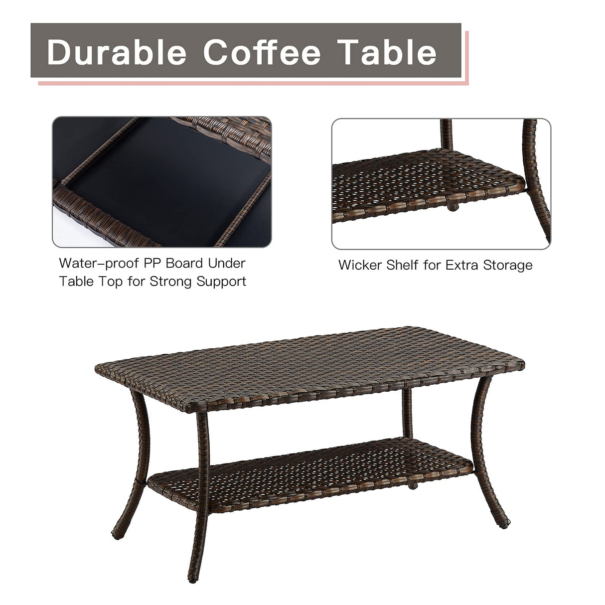 Rilyson Patio Tables Outdoor Coffee Table - Wicker Rattan Coffee Tables with 2-Tier Storage Shelf Side Table for Porch Deck Balcony Garden Outside Rectangle Brown Rilyson