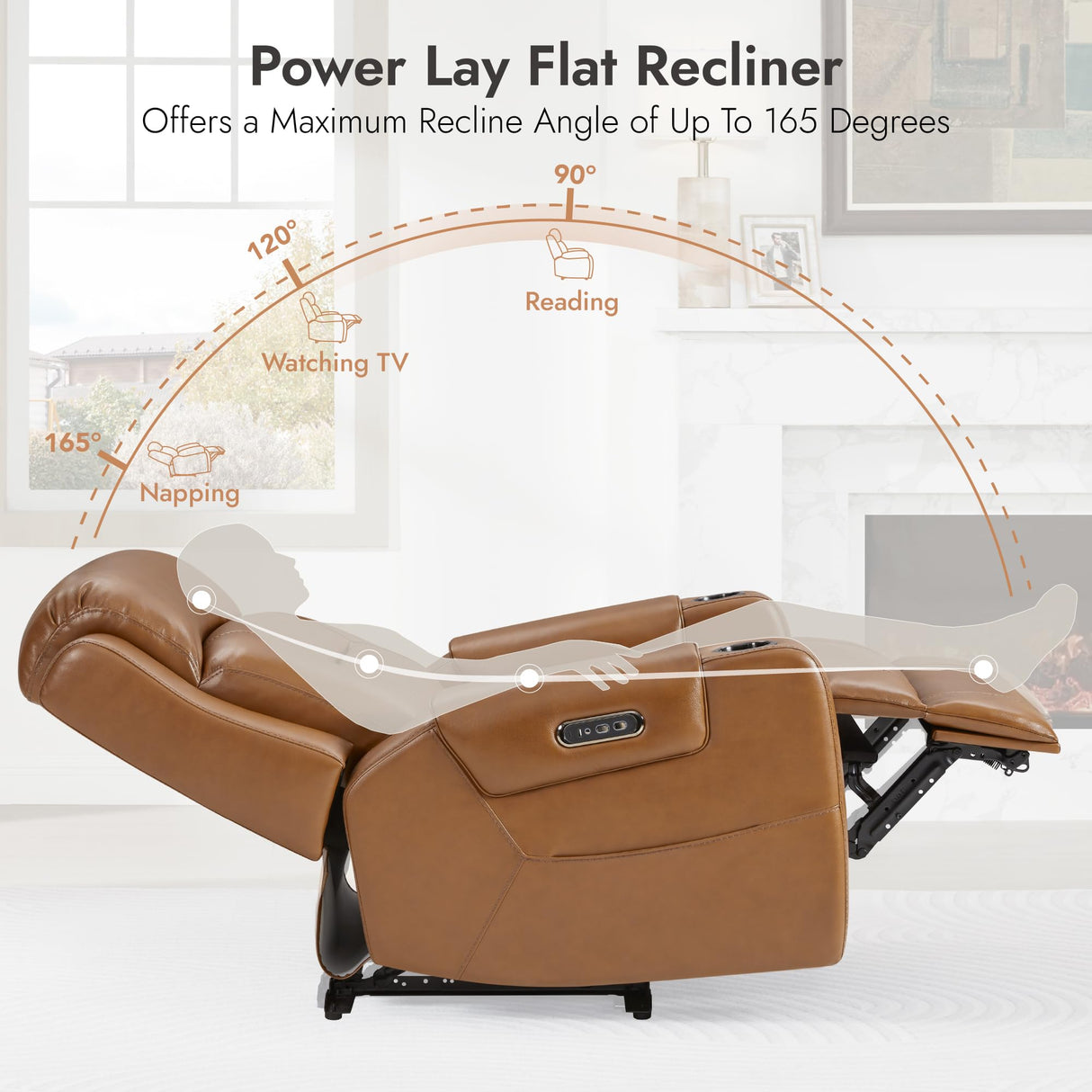 Watson & Whitely Genuine Leather Power Recliner Chairs for Adults, Lay Flat Recliner with Power Headrest, USB Ports and Cup Holders, Electric Reclining Chair for Living Room, Bedroom, Saddle Brown Watson & Whitely