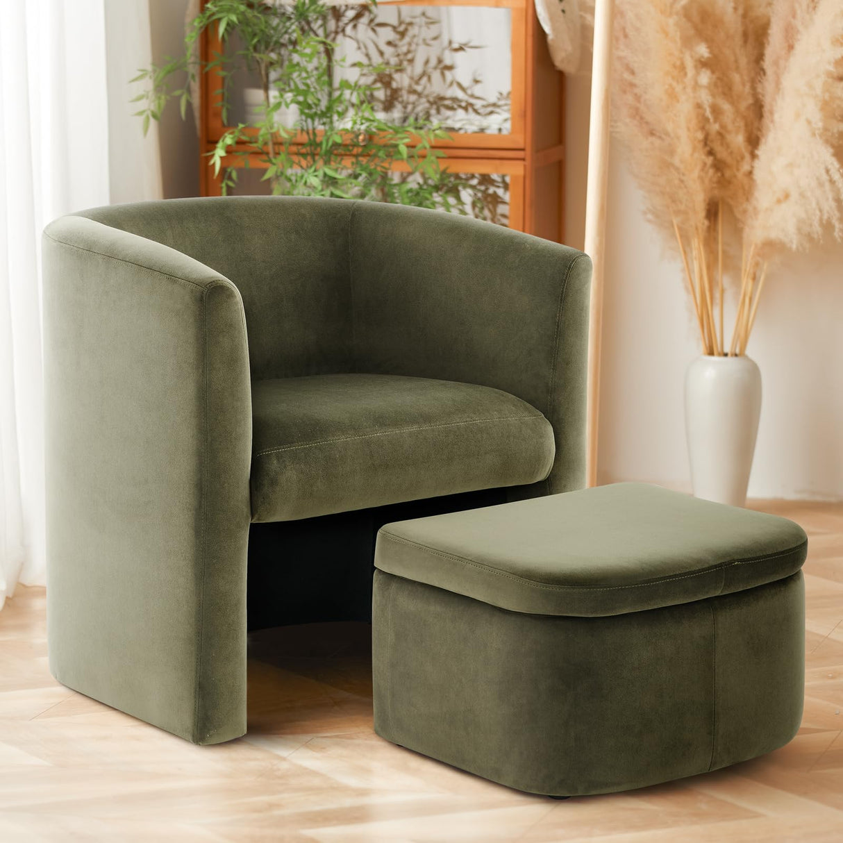 COLAMY Upholstered Velvet Barrel Accent Chair with Storage Ottoman, Morden Living Room Chair with Lounge Seat for Bedroom/Reading Spaces, Green COLAMY