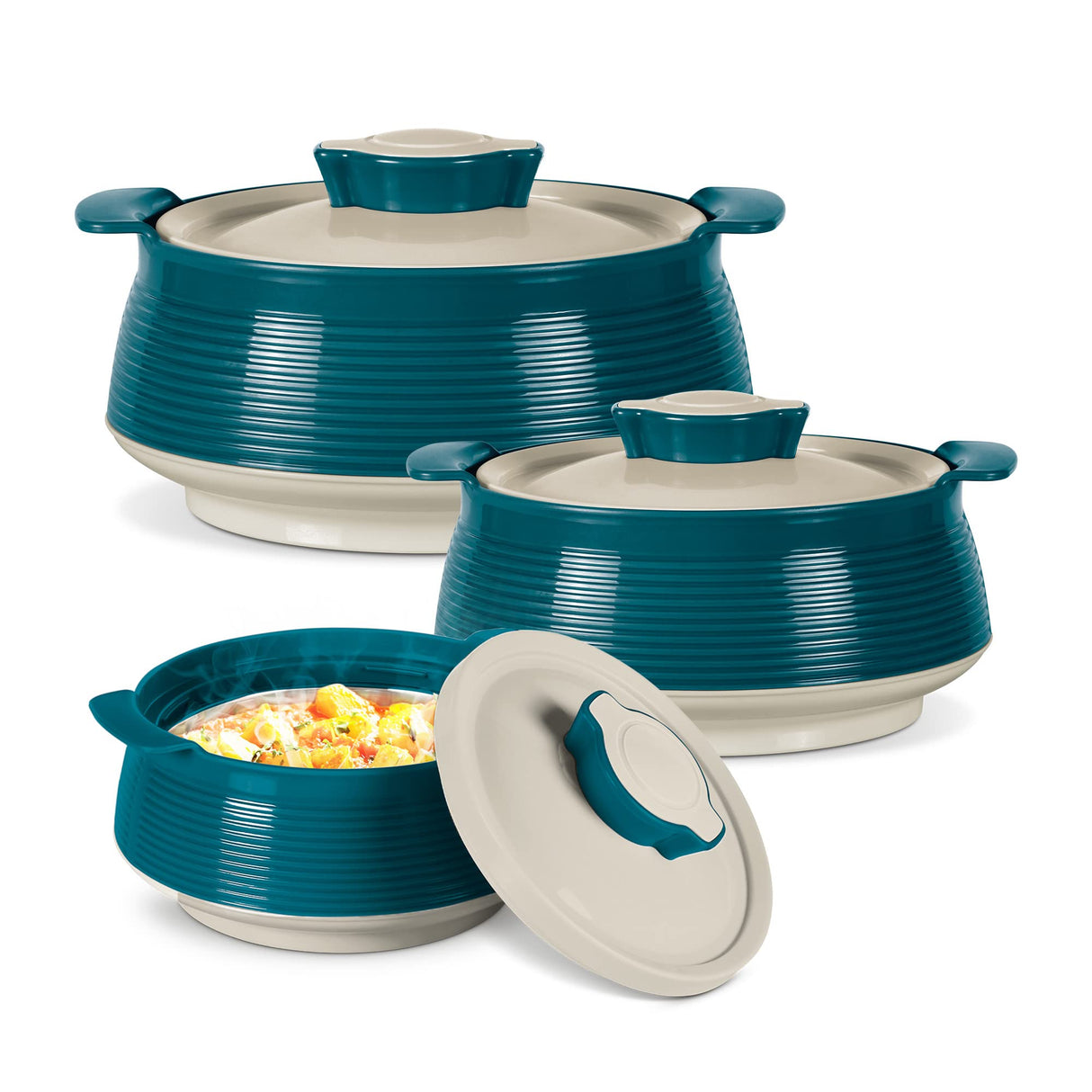 Milton Casserole for hot food, Double walled insulated inner Stainless Steel hot pot with lid, Serving box for food and roti, insulated serving bowl with lid, Set of 3 Venice, Marble Green MILTON