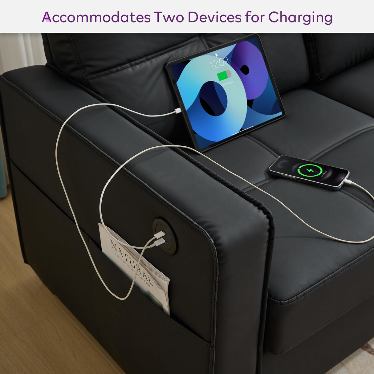 TYBOATLE 65" Black Faux Leather Sofa Couches for Living Room, Mid-Century Modern Tufted Comfy Small Loveseat w/USB Charging Ports and Wide Arms, 2 Seater Office Small Couch for Small Space Bedroom TYBOATLE