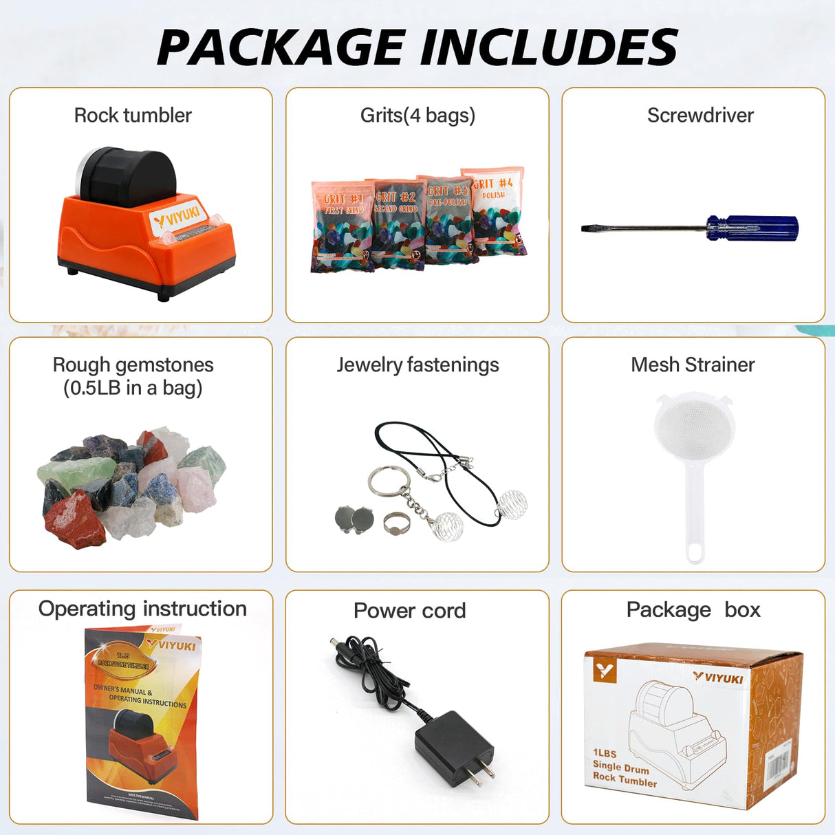 VIYUKI Rock Tumblers Kit - Includes Rough Gemstones, 4 Polishing Grits, Jewelry Fastenings,Operating Instruction, Great Stem Science Kit for Teen VIYUKI