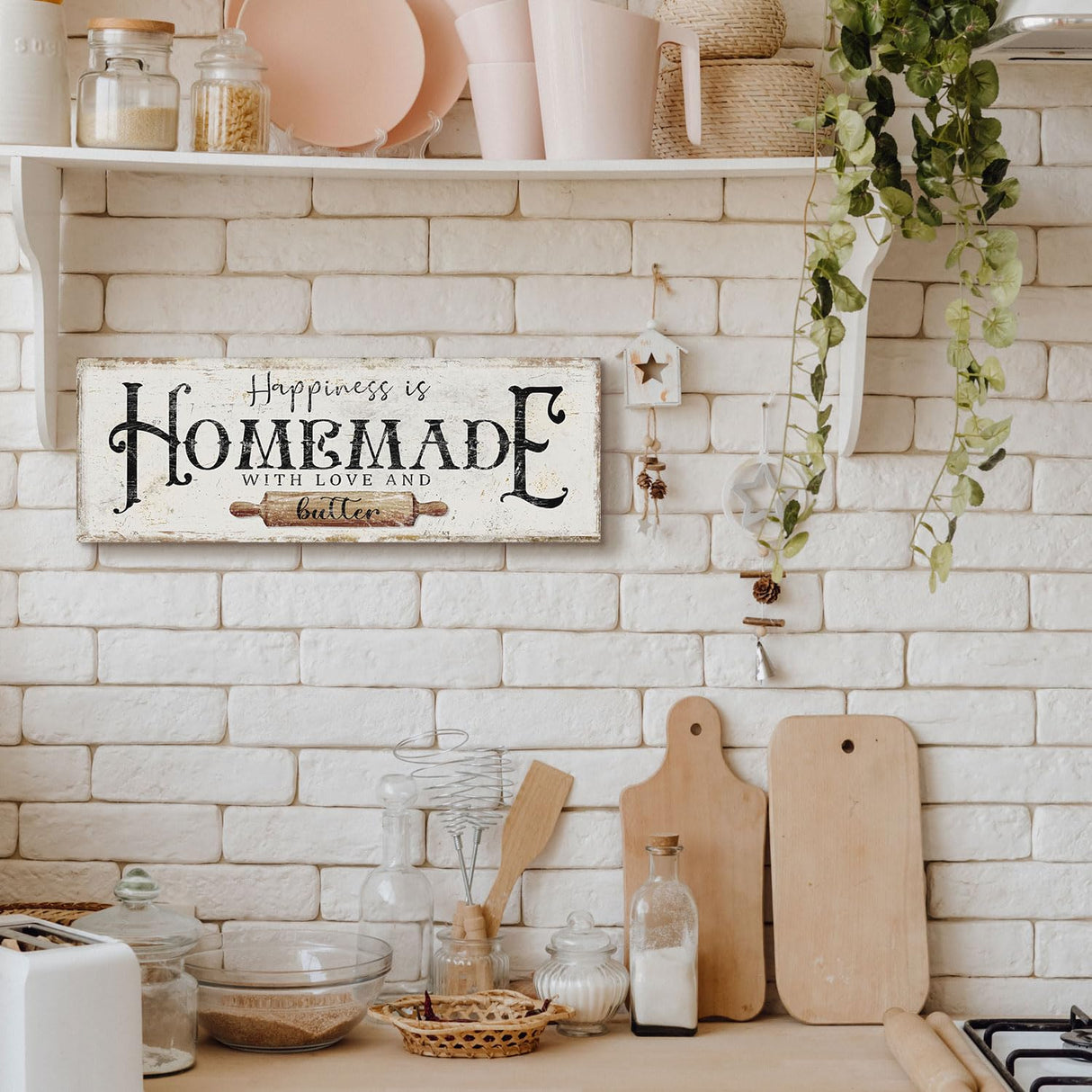 Happiness is Homemade with Love and Butter Sign Funny Kitchen Sign Decor for Counter Pantry Rustic Farmhouse Style Wall Décor Shabby Chic Family Wall Plaque Decoration Housewarming Gift, 6 x 17 Inch DUO AI HOME