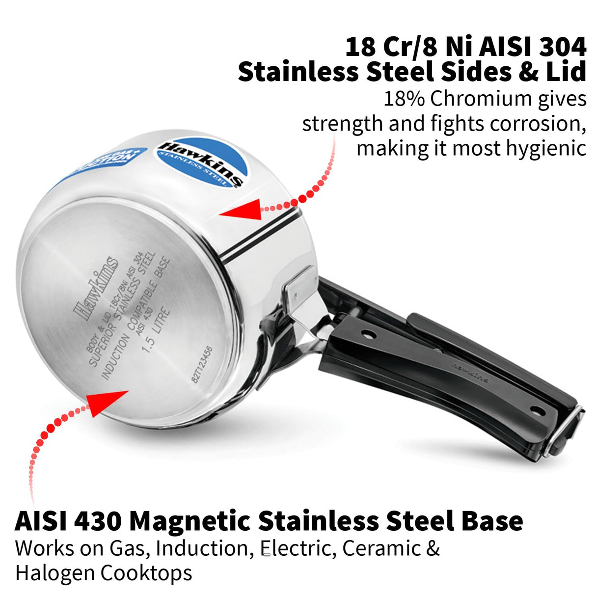 Hawkins 1.5 Litre Pressure Cooker, Stainless Steel Inner Lid Cooker, Induction Cooker, Small Cooker, Silver (HSS15) HAWKINS