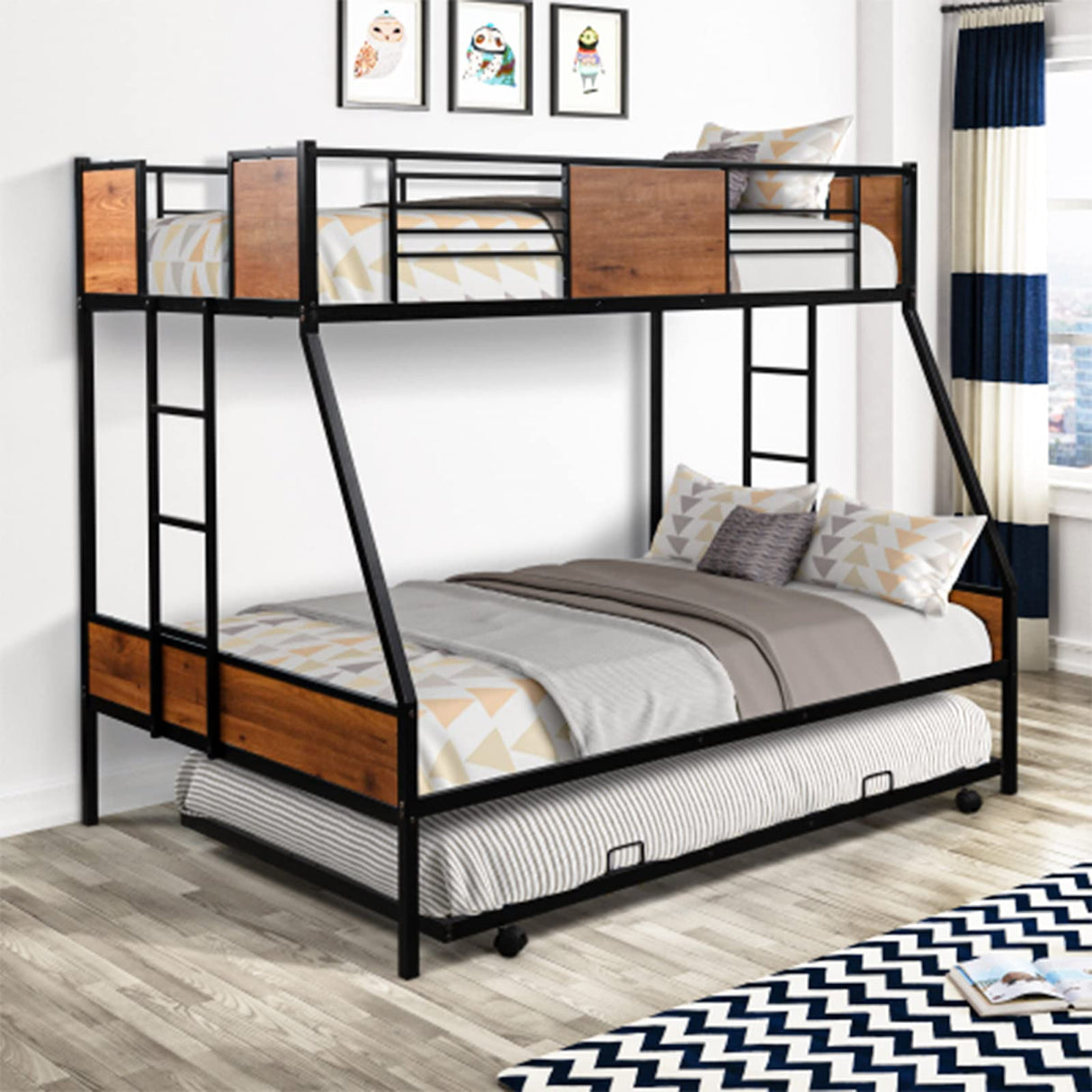 Rophefx Twin Over Full Bunk Beds with Trundle, Heavy Duty Metal Bed Frame with Safety Rail 2 Side Ladders Triple Bunk Bed No Box Spring Needed Space-Saving, Black Rophefx