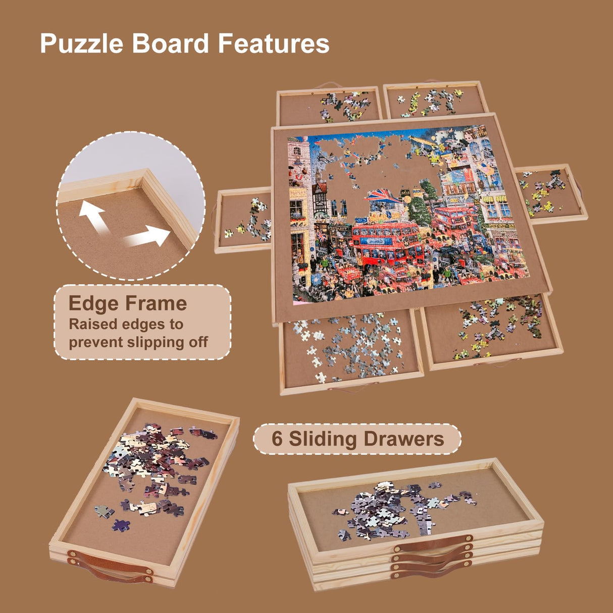 USEFULTEK 1500 Pieces Rotating Puzzle Board with 6 Drawers & Cover, 27"x35" Portable Wooden Jigsaw Puzzle Table for Adults, Lazy Susan Spinning Puzzle Board w/h 2 Large, 4 Small Drawers for Gift USEFULTEK