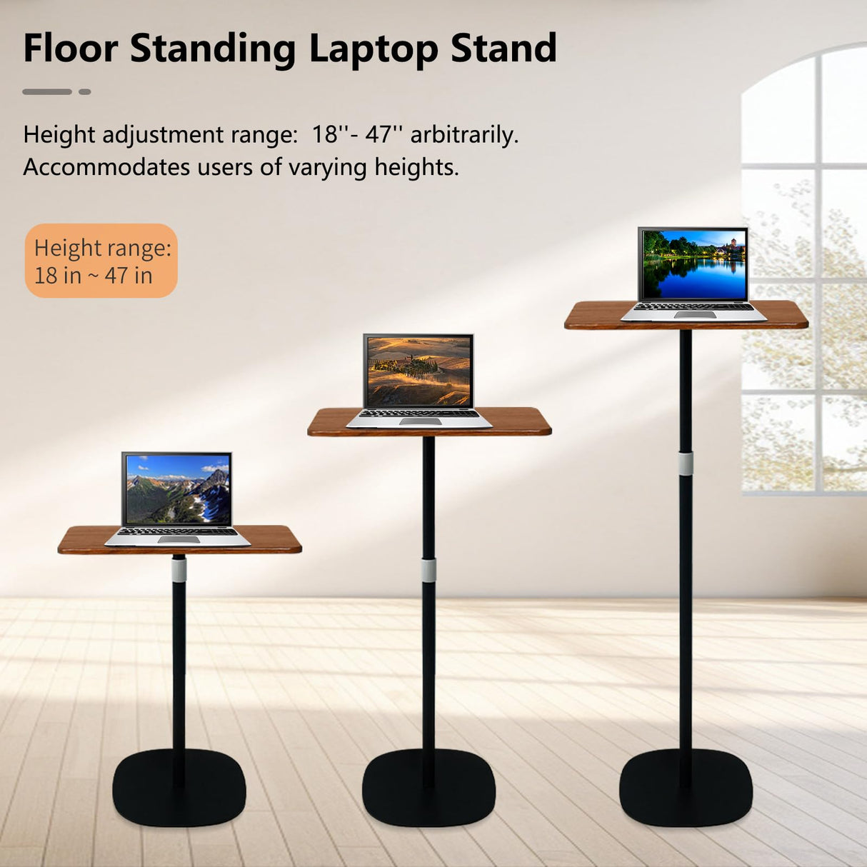 POLESTO Portable Laptop Floor Stand, Bedside/Sofa Table with Height Adjustable 18''~47'', Stylish Movable Workstation Floor Standing Desk for Office, Meeting Room, living room Easy Assembly, Black POLESTO