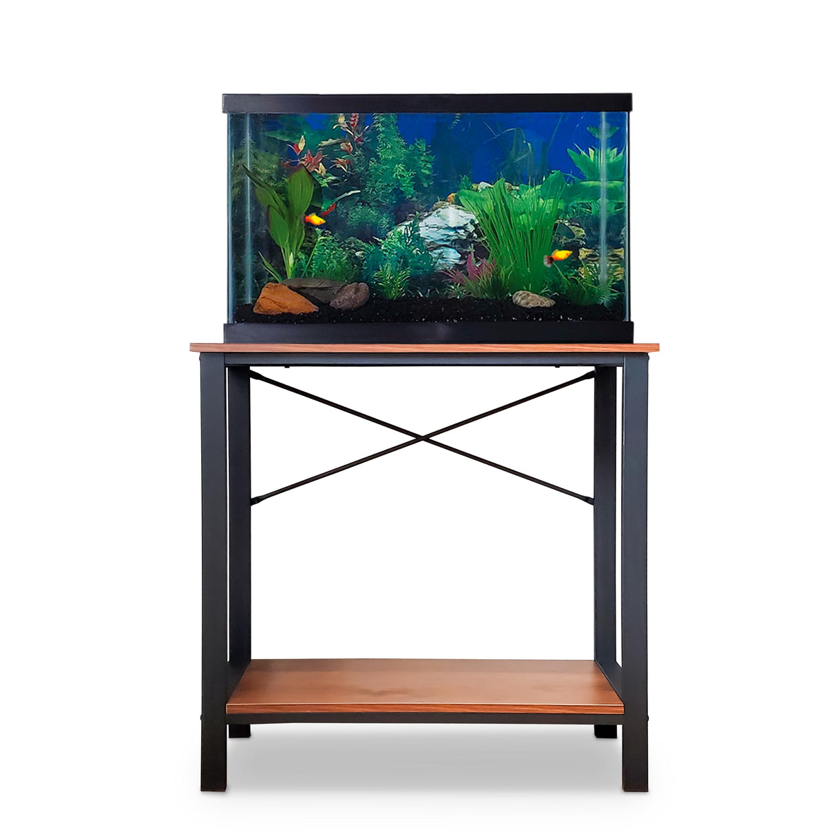 20 Gallon fish tank stand. 10 gallon aquarium Stand. Great fish tank stand for up to 20 gallons. Aquarium table by Fionomenal - Black Metal Mahogany Top Finomenal
