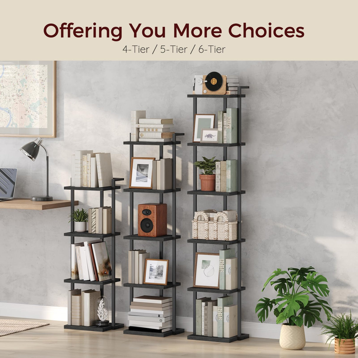 MAHANCRIS Bookshelf, 4-Tier Bookcase, Vertical Tall Narrow Book Shelf for Small Space, Open Storage Display Shelf with Stable Base & Anti-Tip Kits, for Living Room, Office, Study, Black BKBK11401