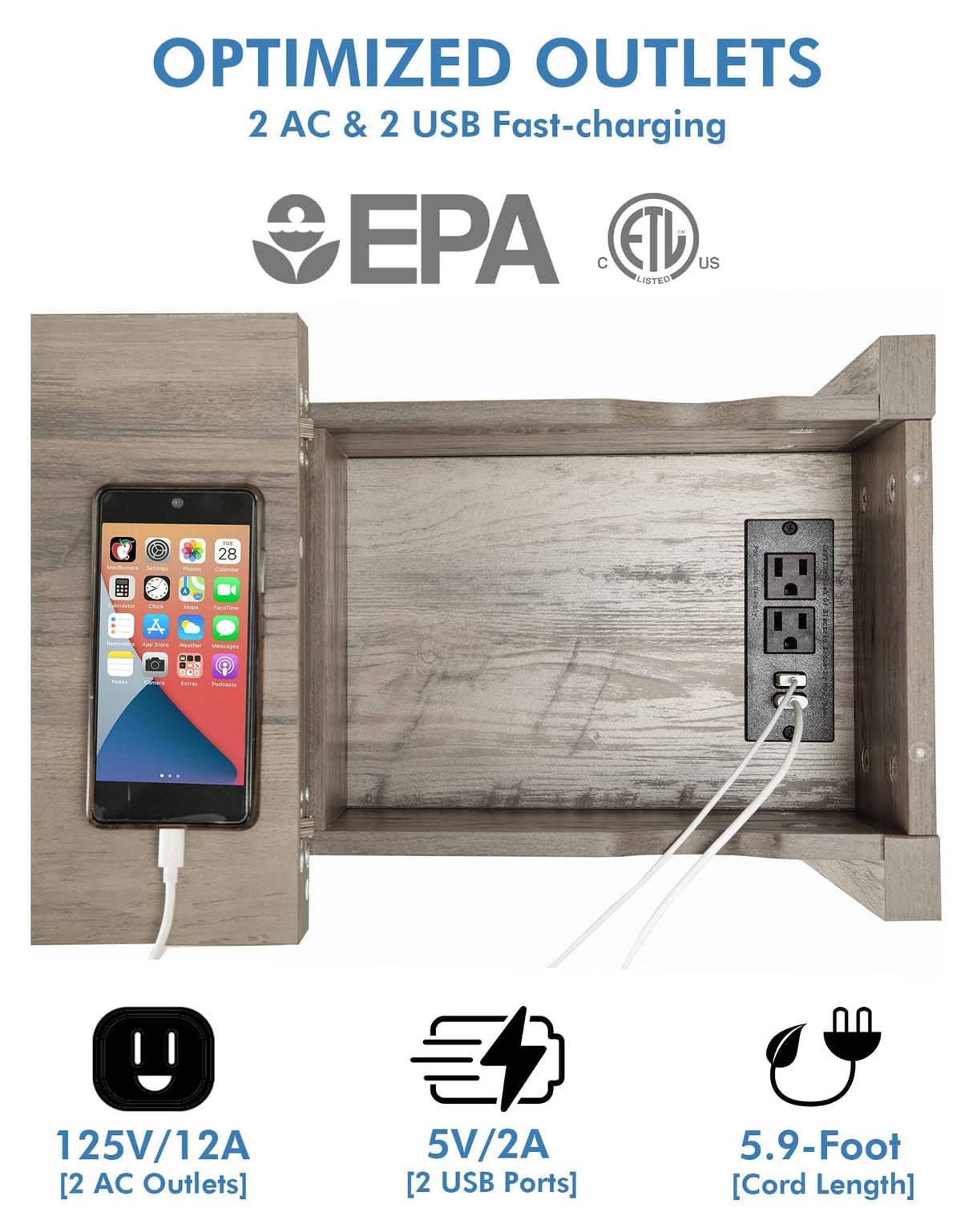 Awescuti Narrow End Table with Charging Station - Farmhouse Slim Side Table Set of 2, w/USB Ports Power Outlets, Nightstand w/Flip Top Storage Drawer, for Small Spaces Living Room Bedroom, Gray Awescuti