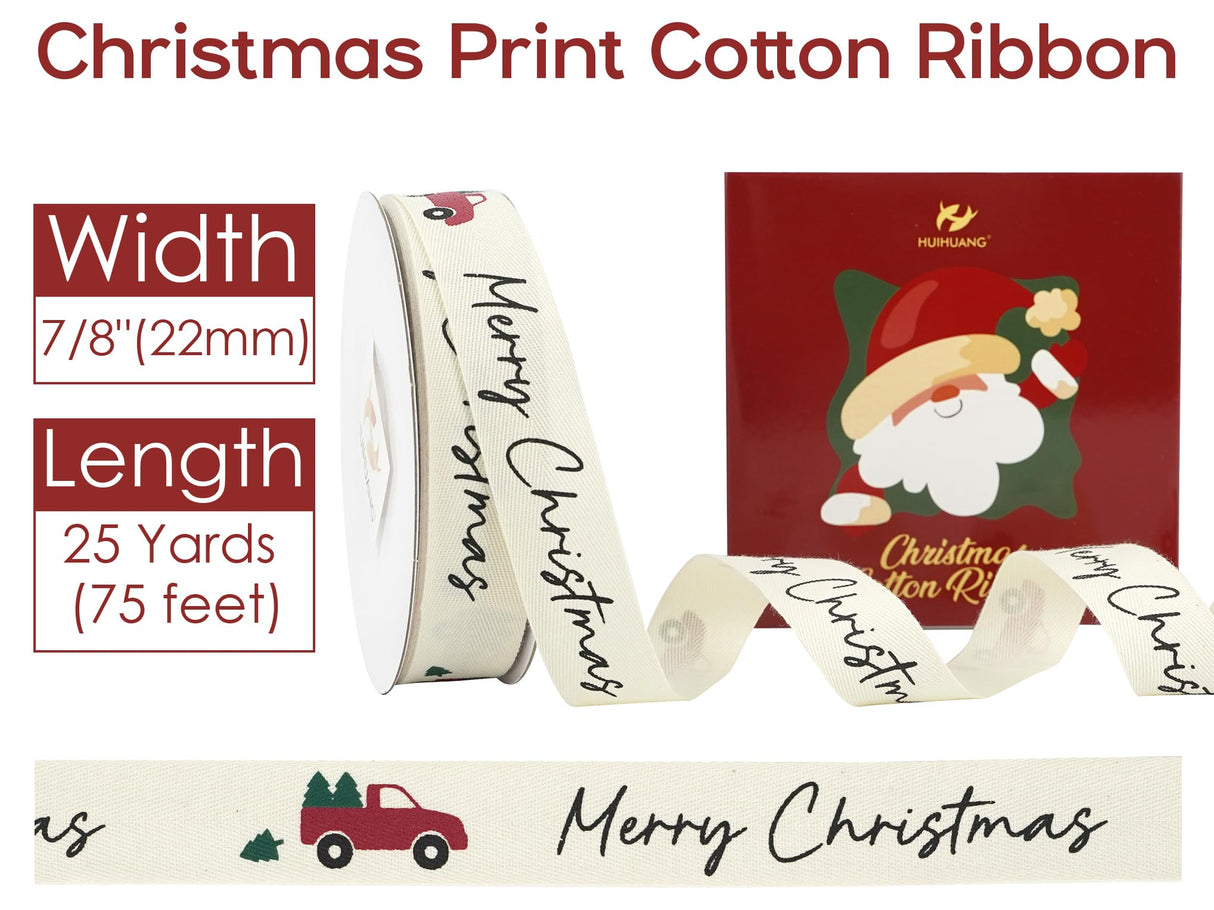 HUIHUANG Christmas Cotton Ribbon 7/8" Wide x 25 Yards Twill Tape Cotton with Merry Christmas Printed Ribbon for Gift Wrapping, Rustic Farmhouse Decor, Tree Ornaments, Wreaths, DIY Crafts HUIHUANG