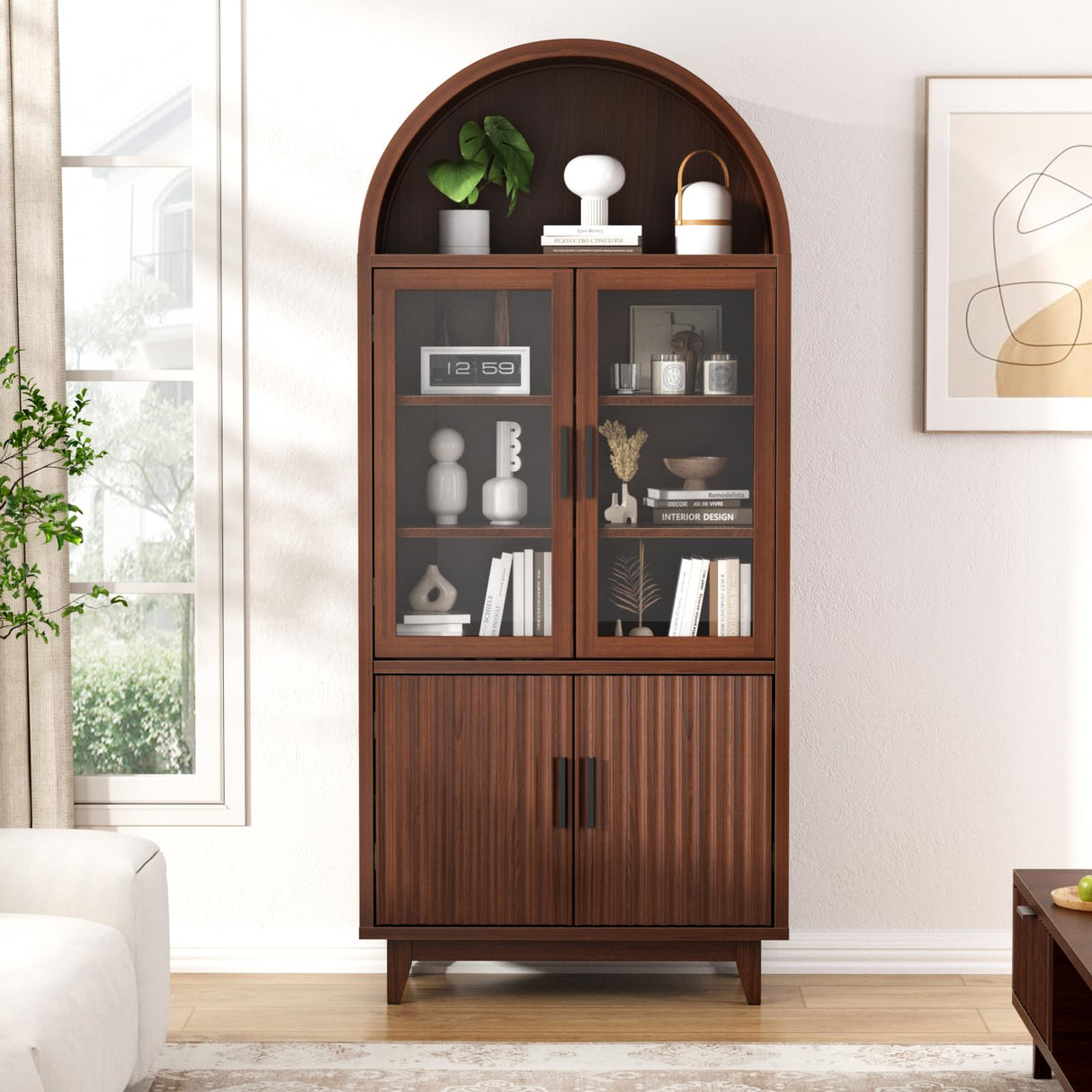 FiveWillowise 71" Tall Arched Cabinet with Glass Doors, Fluted Pantry Cabinet with Solid Wood Legs, Modern Accent Furniture for Living Room, Kitchen, Dining Room, Entryway, Walnut FiveWillowise